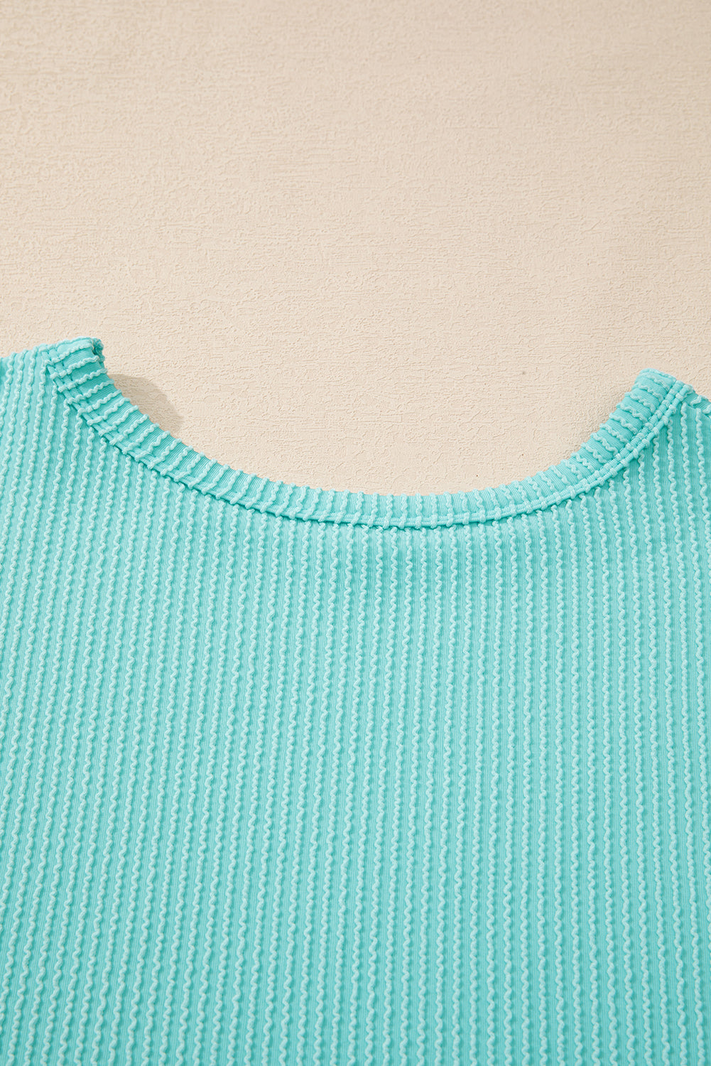 Aruba Blue Solid Color Corded Knit Round Neck Top