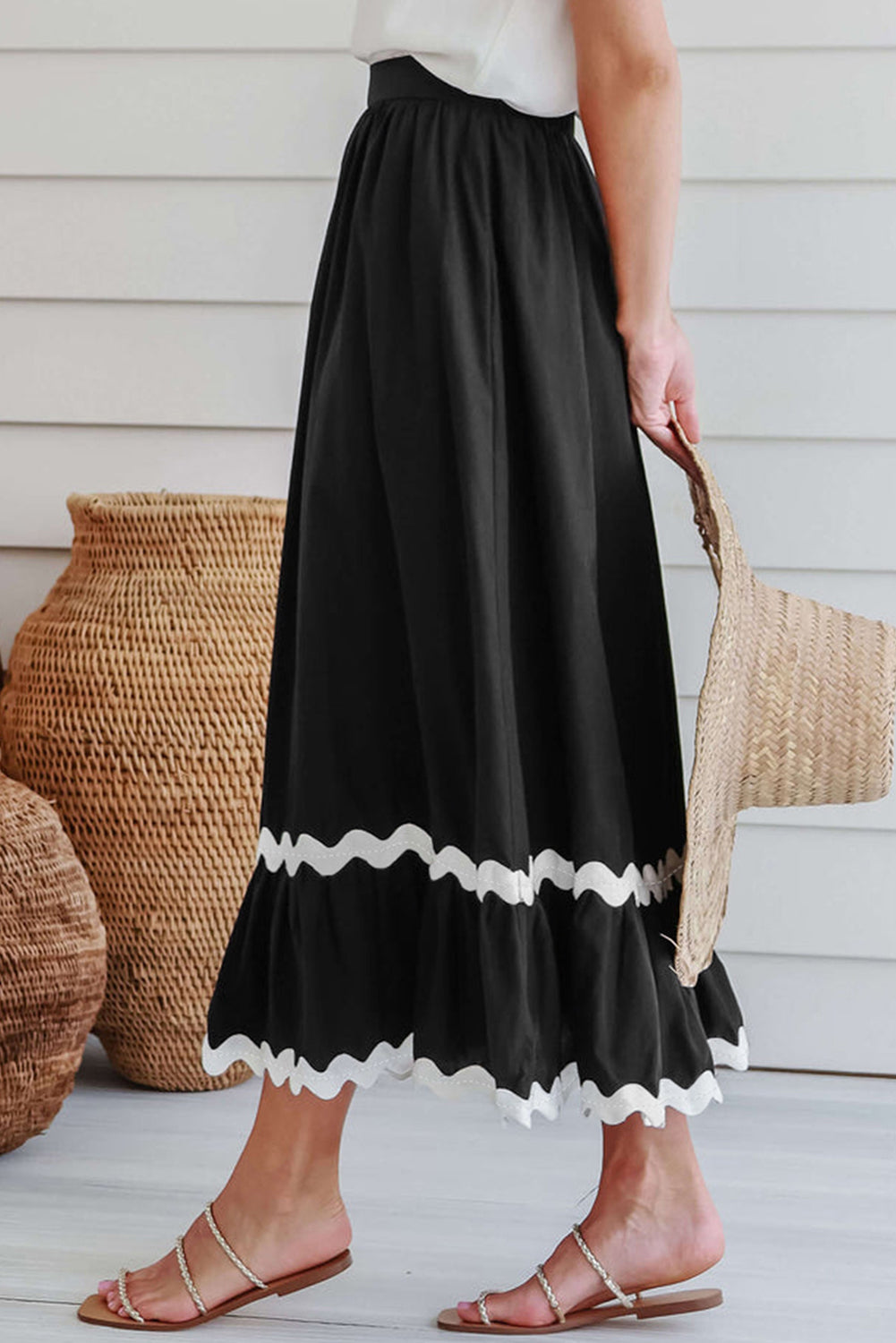 Black Ricrac Trim Colorblock High Waist Long Skirt