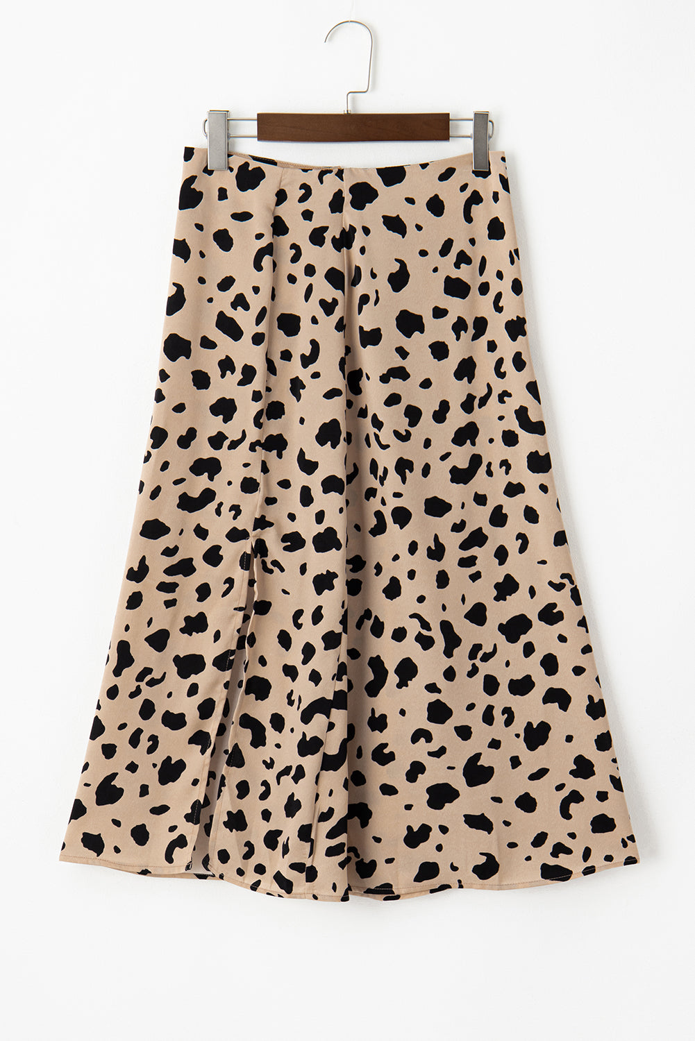 Khaki Leopard Spots Printed Split Hem Midi Skirt