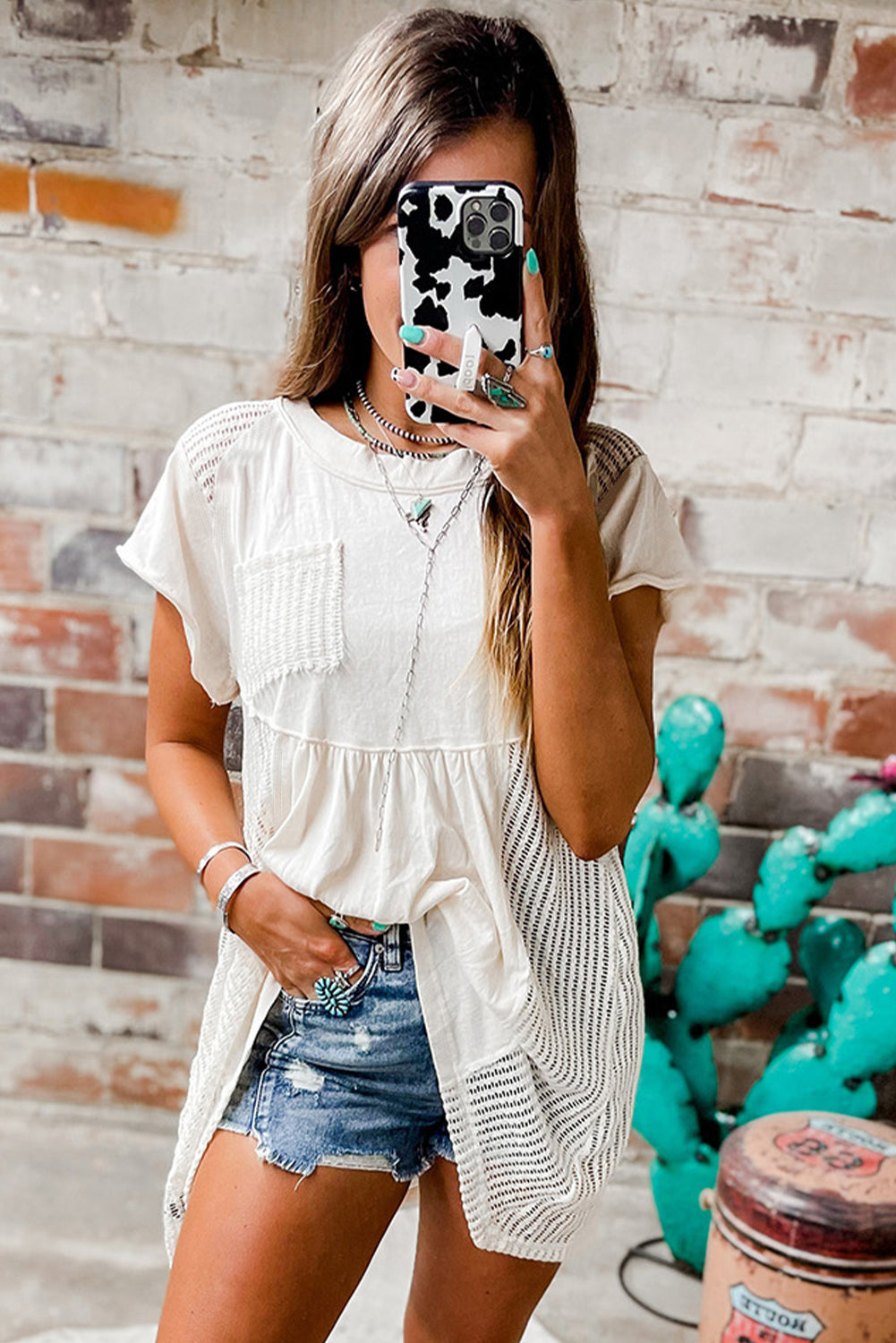 White Hollow Knit Splicing Keyhole Back Tunic Top