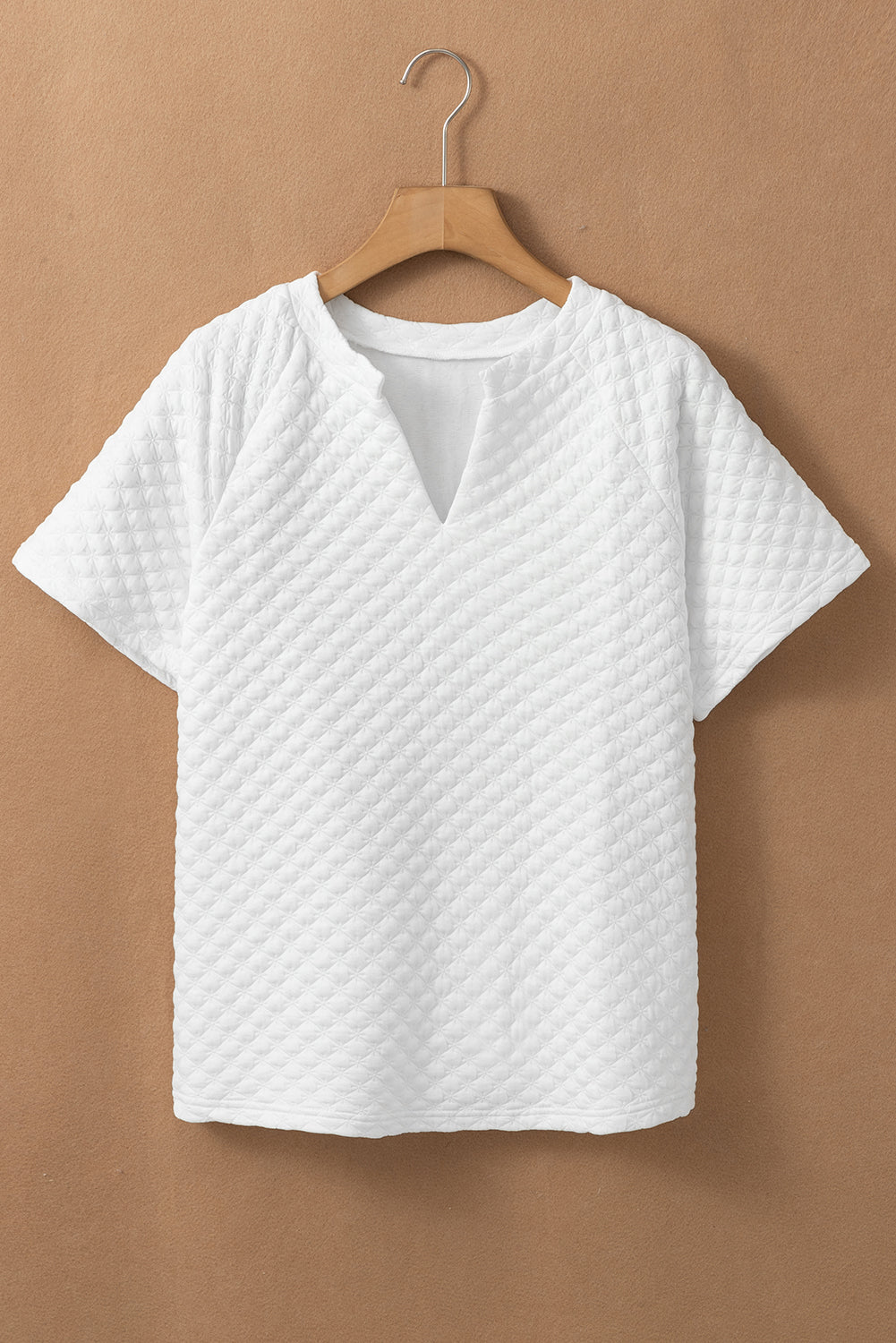 White Solid Color Textured Split Neck Short Sleeve Top