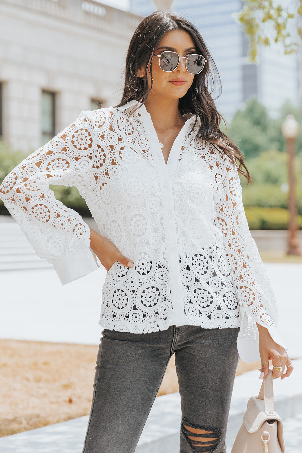 White Crochet Lace Hollow-out Turn-down Collar Shirt