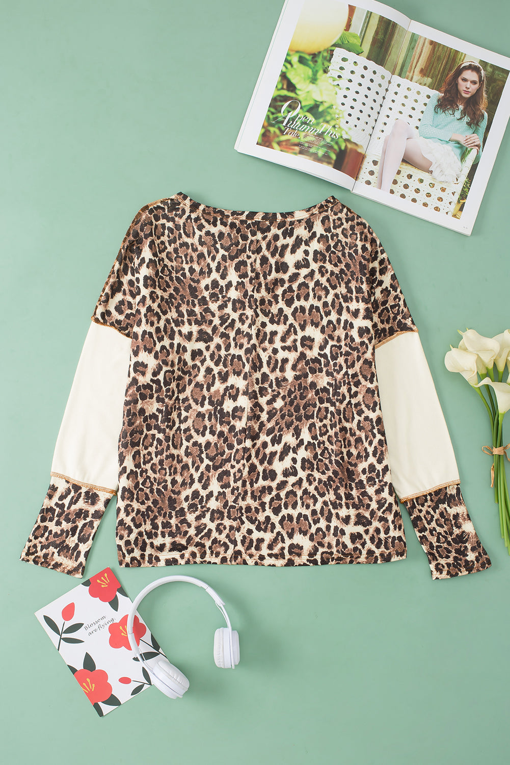 White Leopard Color Block Patchwork Split Neck Long Sleeve Top