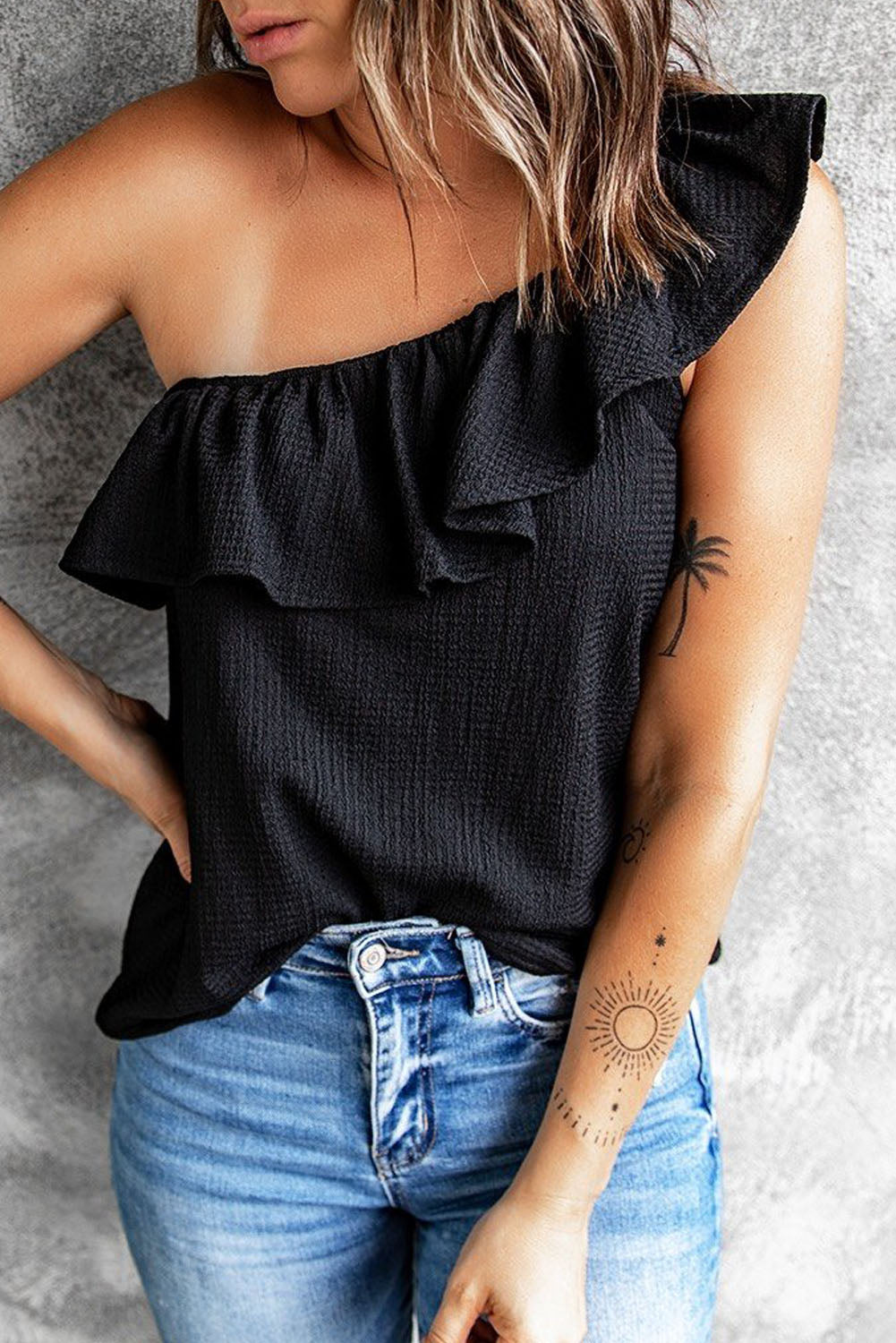 Black Ruffle One Shoulder Crinkle Tank