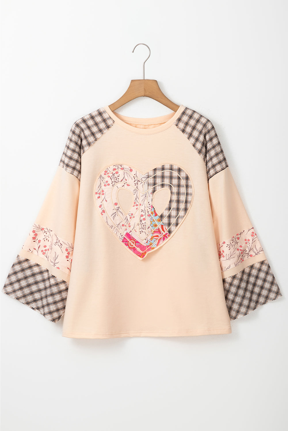 Beige Plaid Floral Peace Heart Graphic Wide Long Sleeve Top