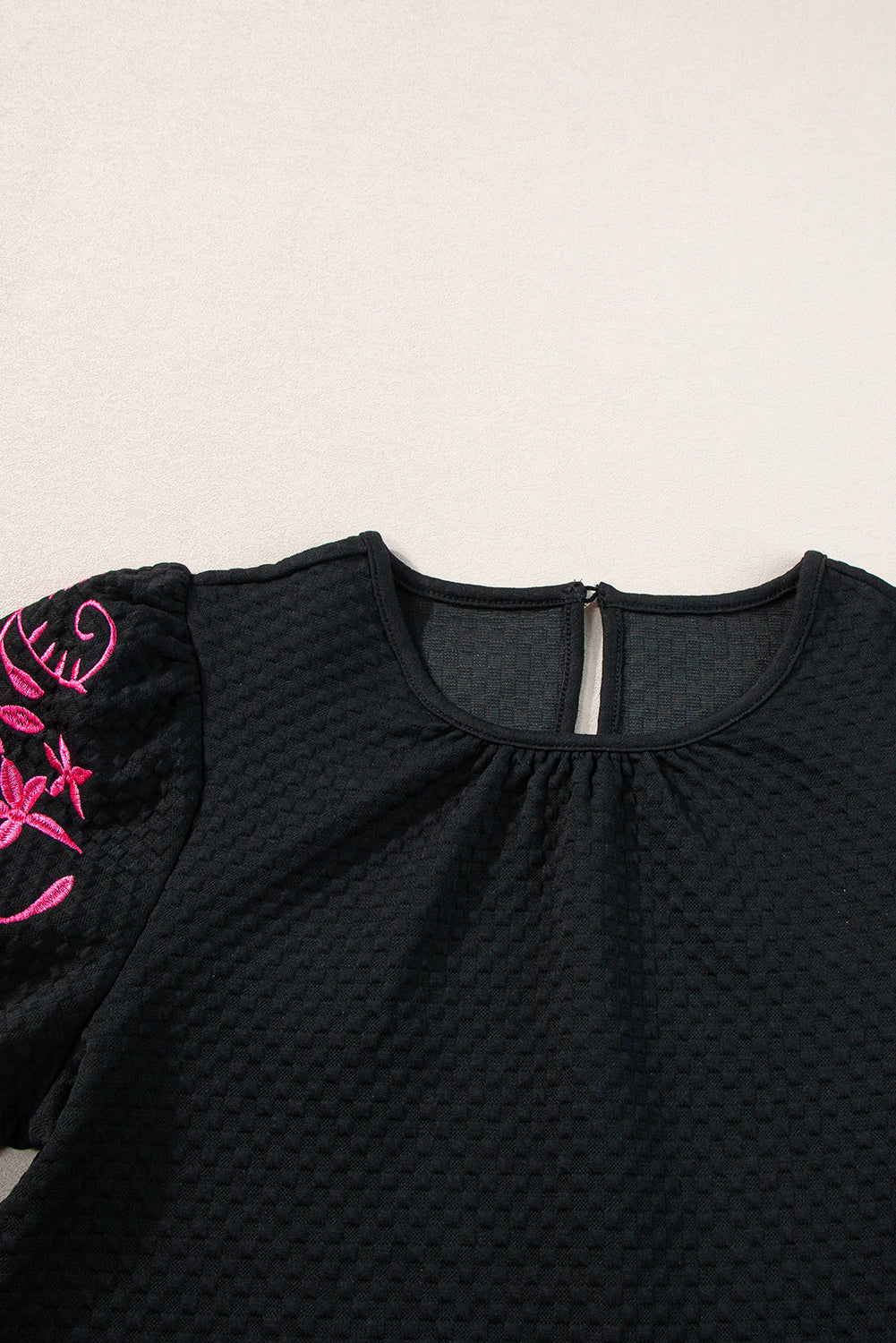 Black Floral Embroidered Textured Puff Sleeve T Shirt