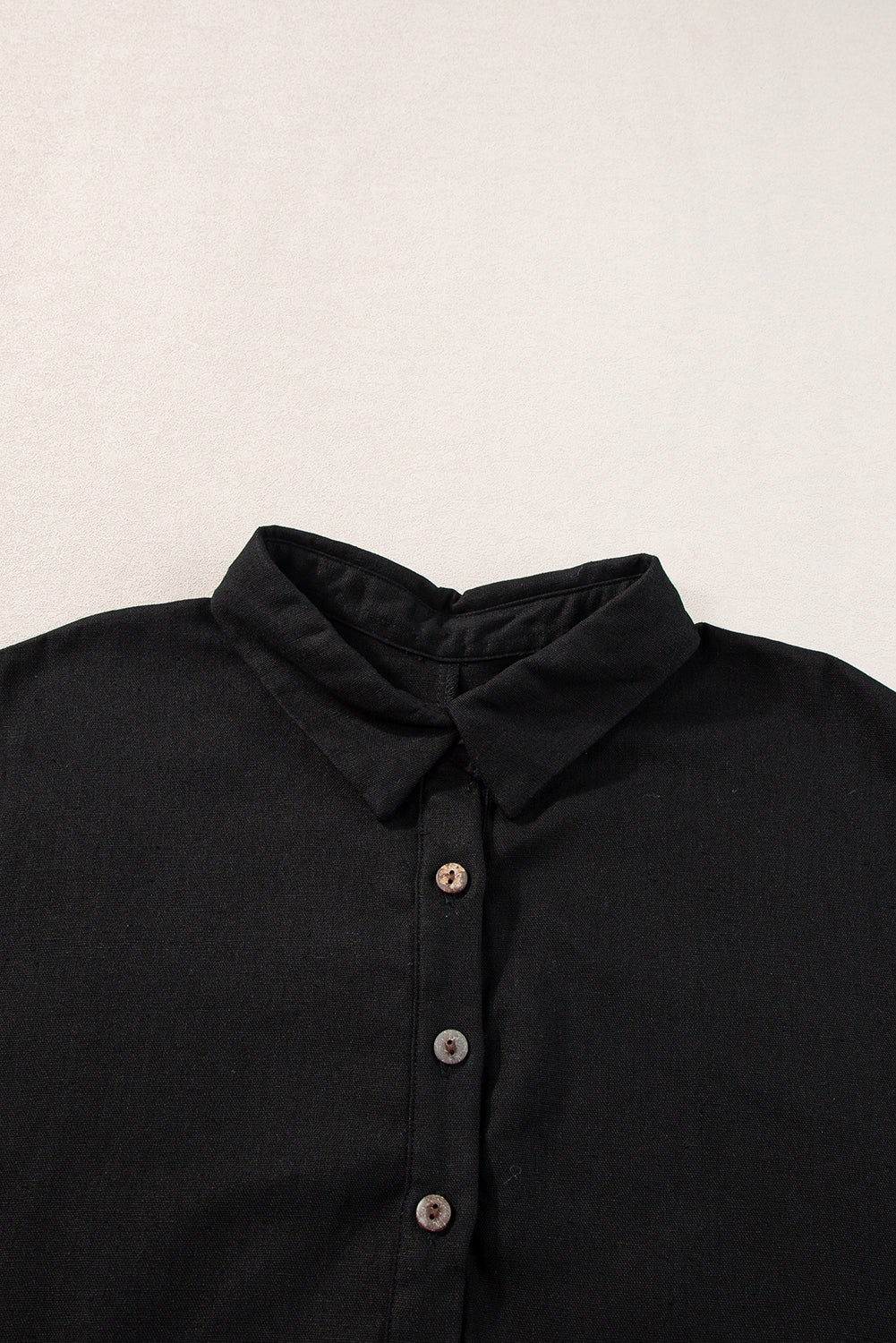 Black Collared Half Buttons Folded Short Sleeve Oversize Top