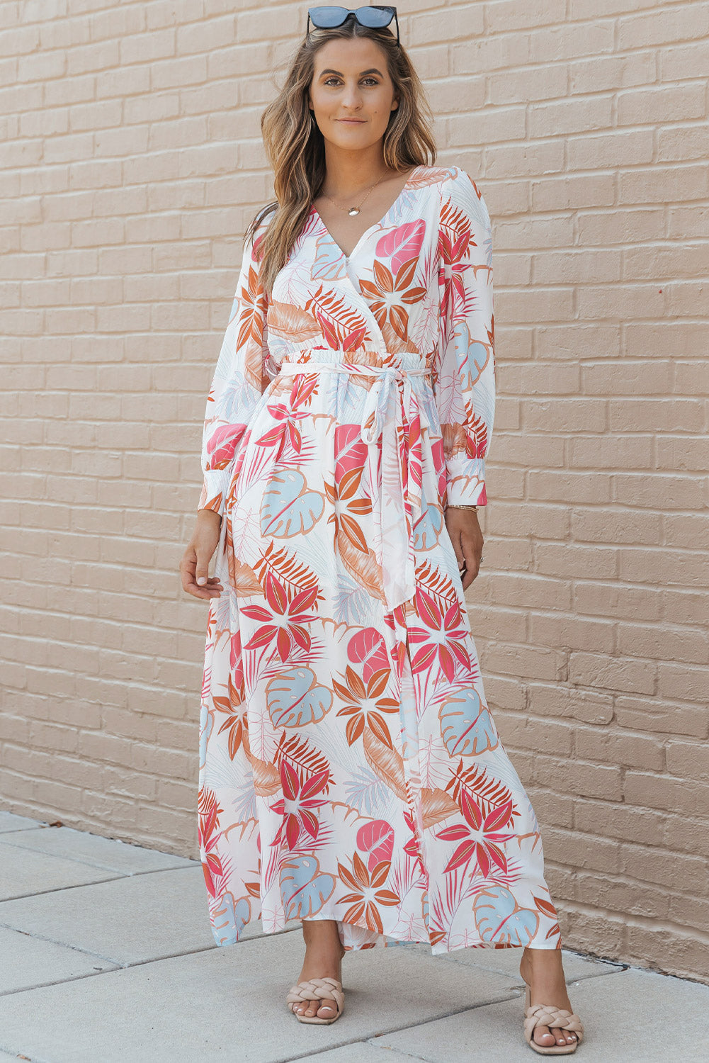 Tropical Plant Print Long Sleeve Wrap V-Neck Slit Maxi Dress