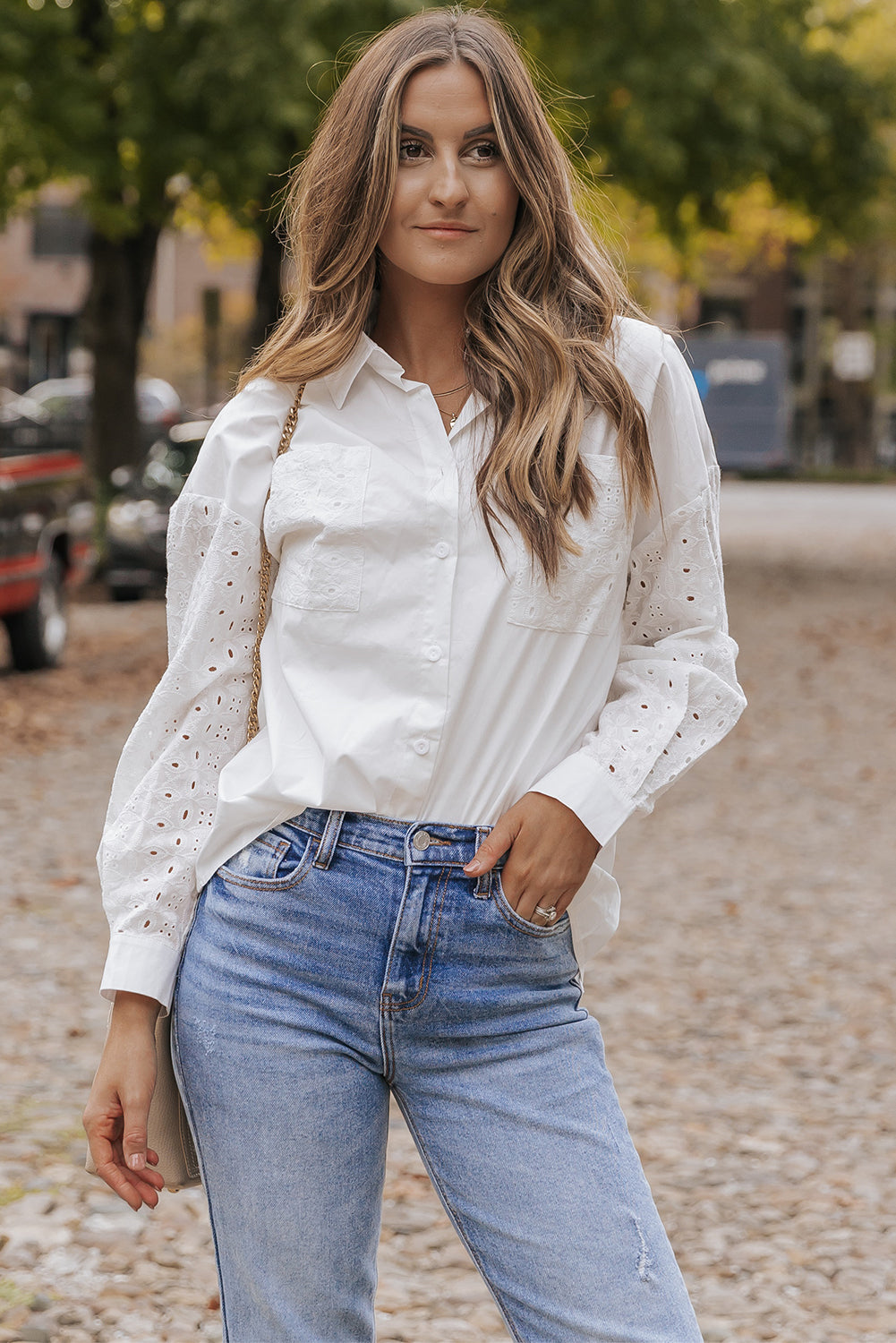 White Lace Patch Chest Pocket Button-Up Shirt