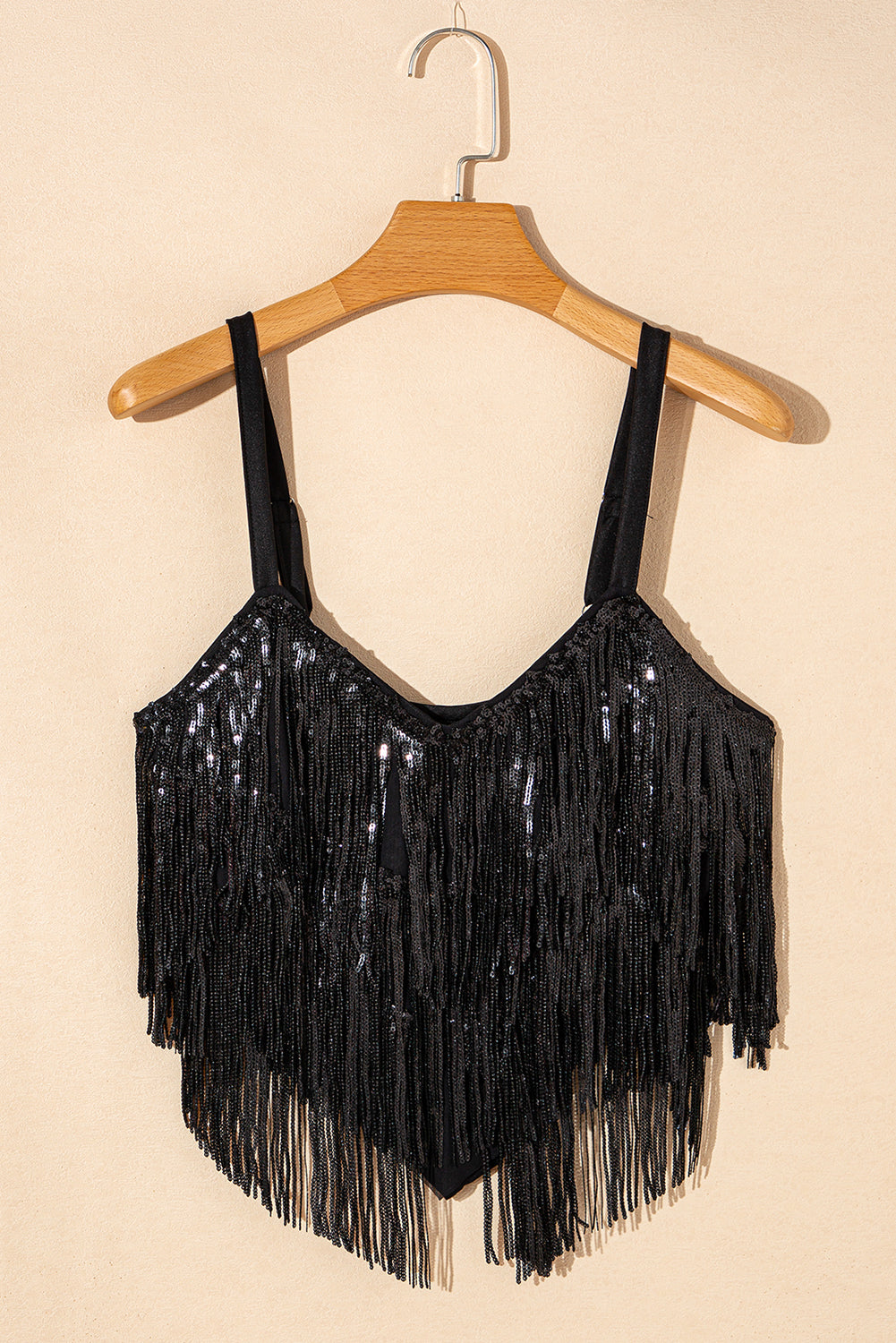 Black Sequin Tasseled Tank Crop Top