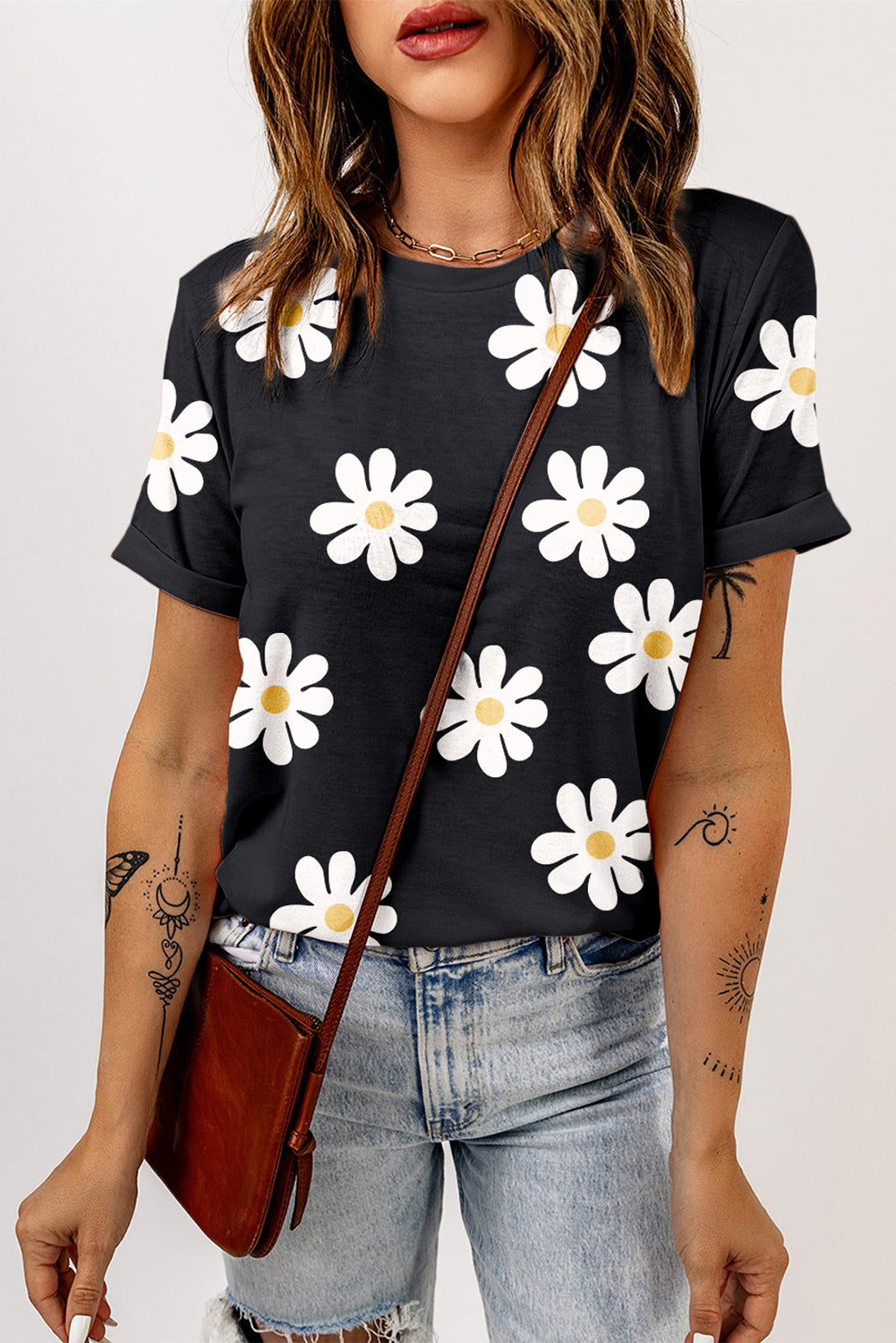 Black Daisy Printed Crewneck T Shirt