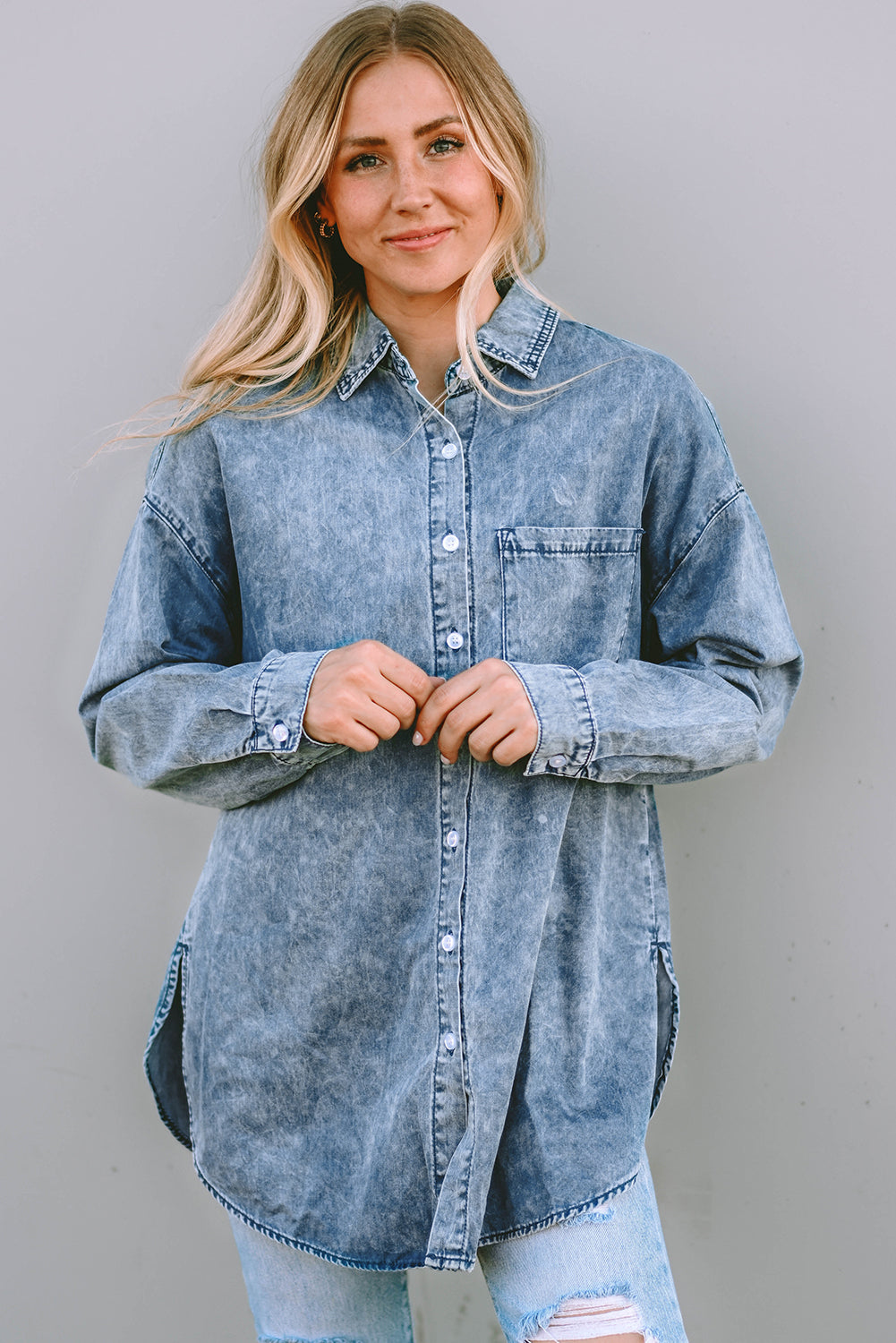 Sky Blue Vintage Washed Chest Pocket Denim Shirt