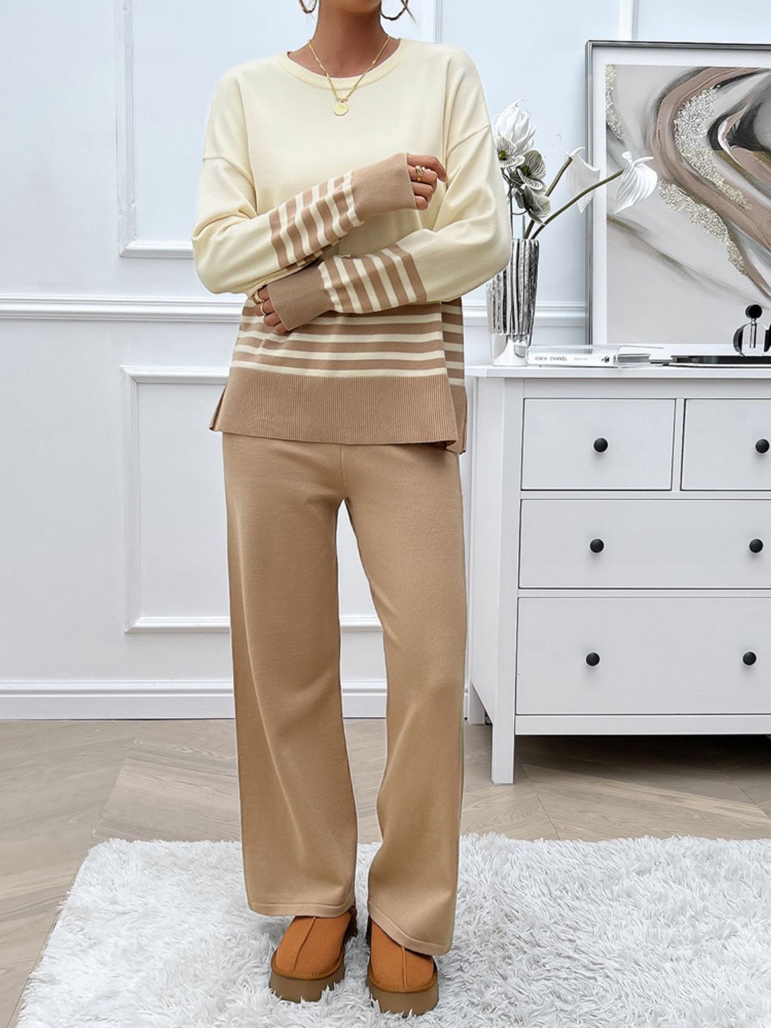 Devine Slit Striped Round Neck Top and Pants Sweater Set