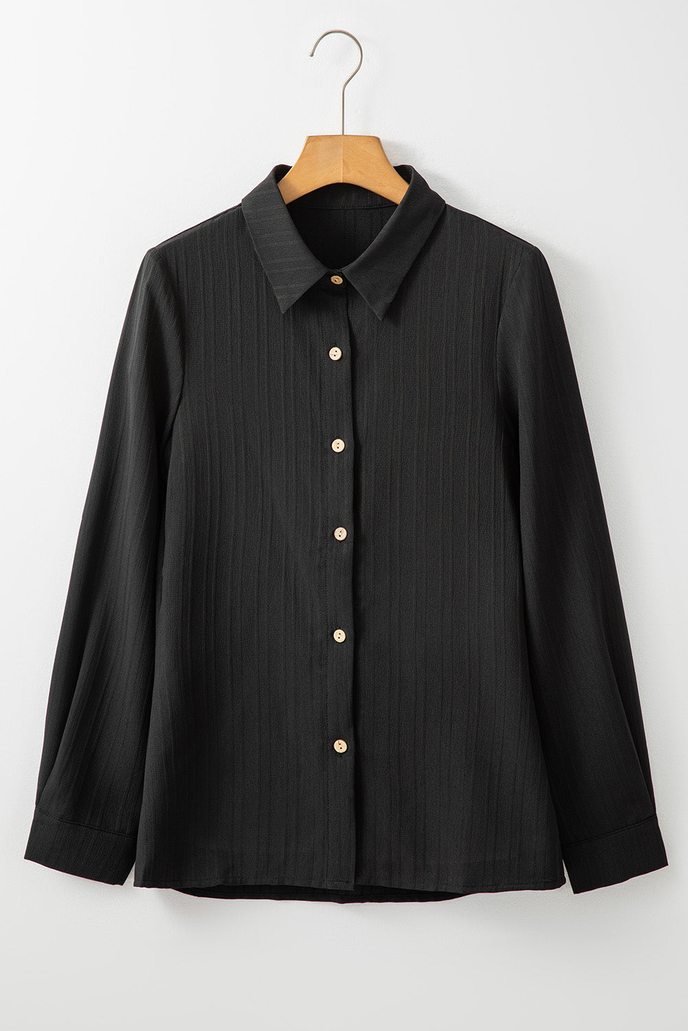 Black Solid Color Textured Buttoned Turn Down Collar Shirt