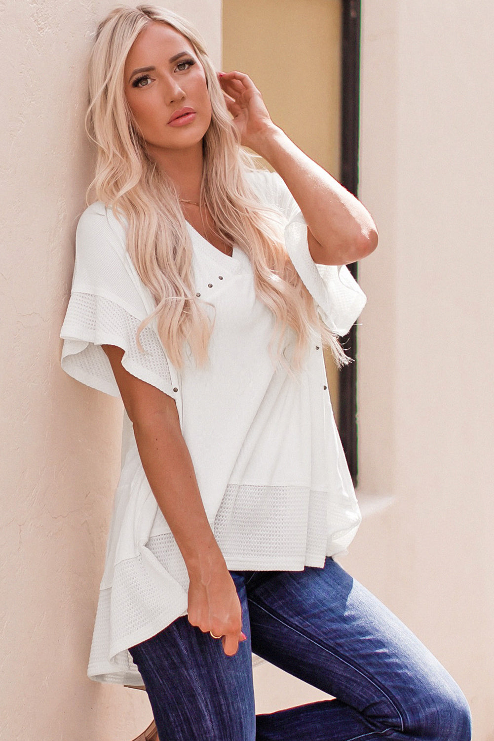 White Contrast Knit Splicing V Neck Studded Blouse