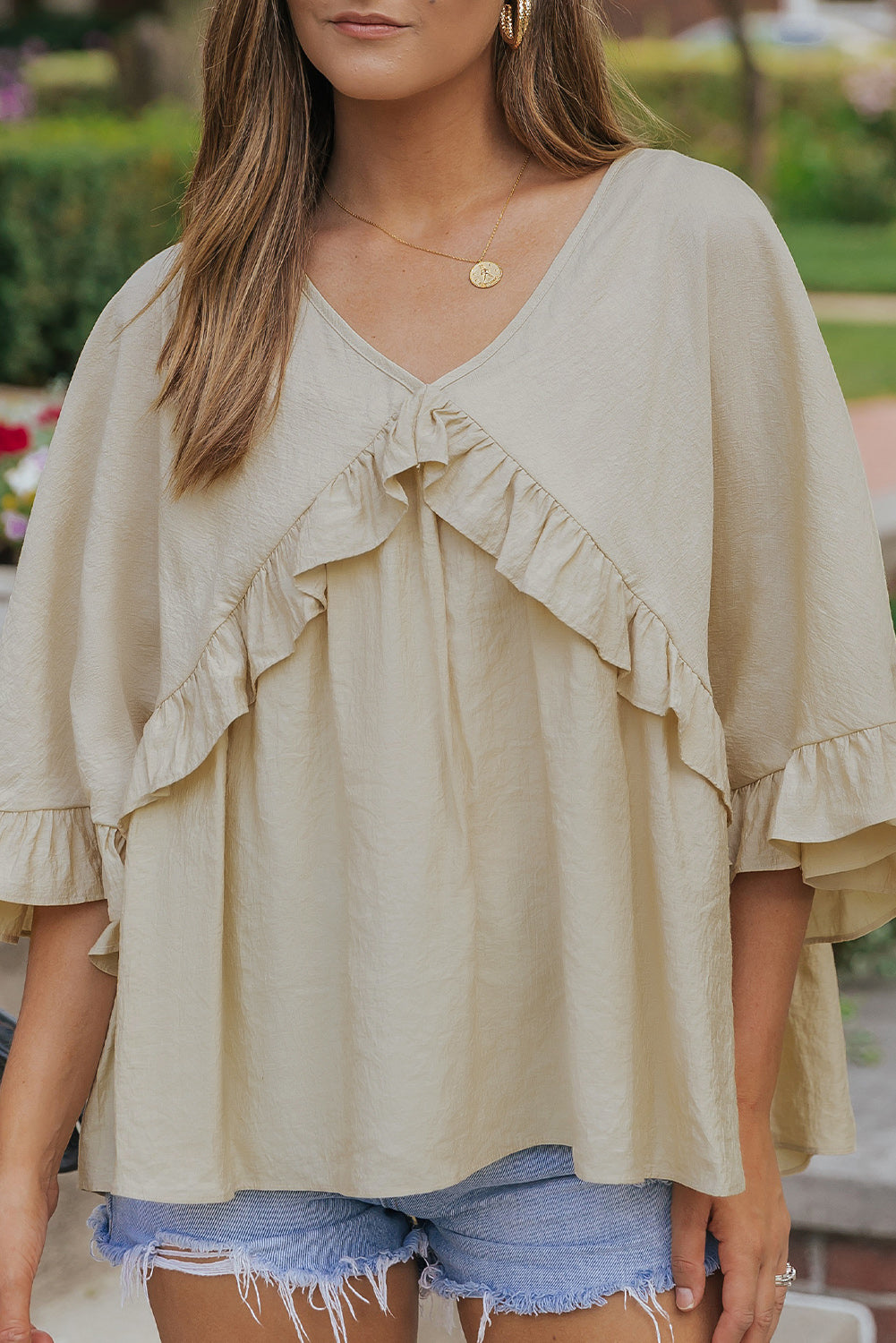 Apricot V Neck Draped Batwing Sleeve Ruffle Blouse