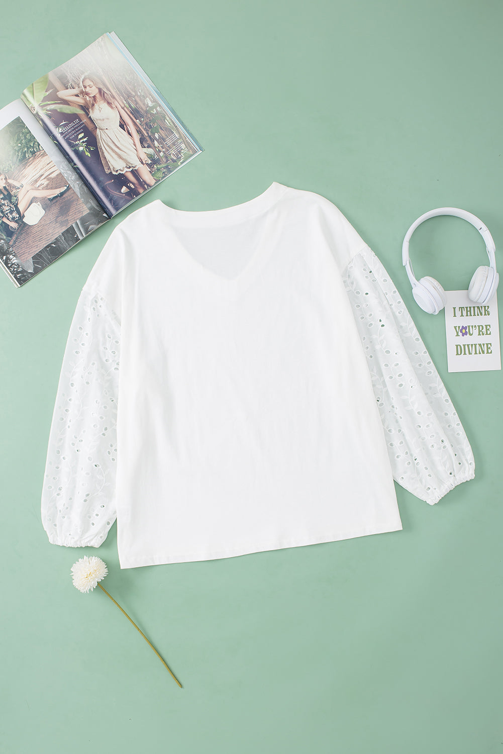 White V-neck Embroidered Patchwork Puff Sleeve Blouse