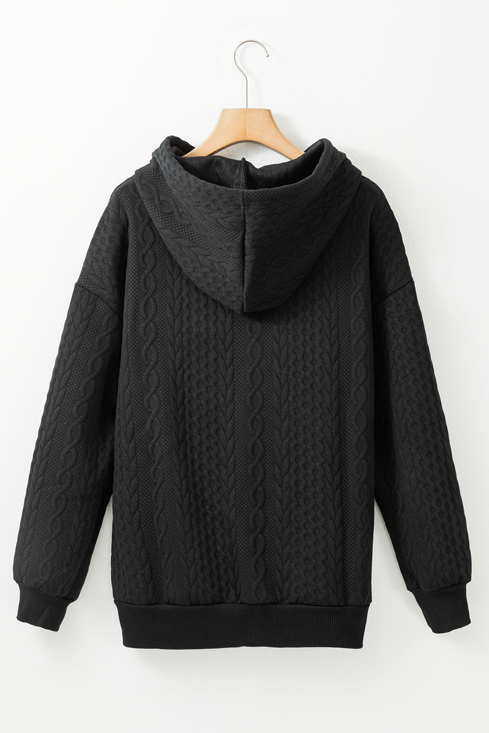 Black Cable Textured Casual Drawstring Hoodie