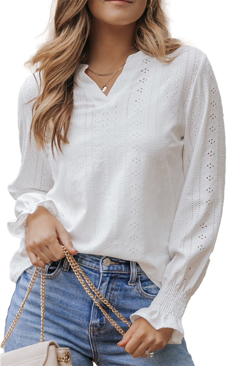 White Split Neck Textured Loose Blouse