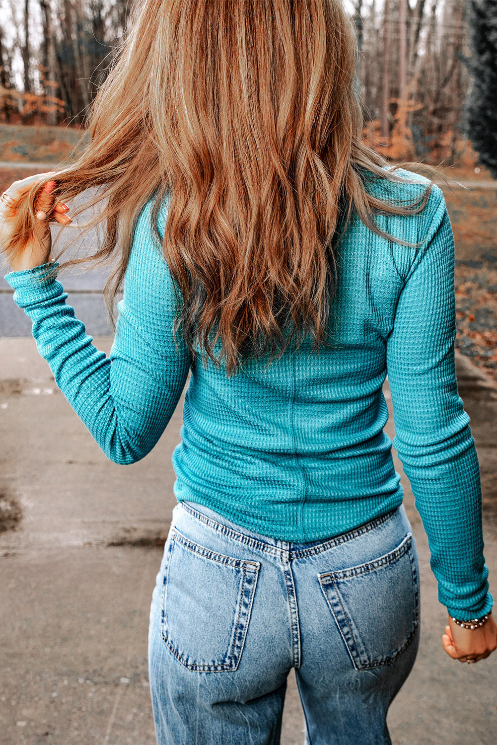 Sky Blue Waffle Knit Long Sleeve Buttoned Henley Top