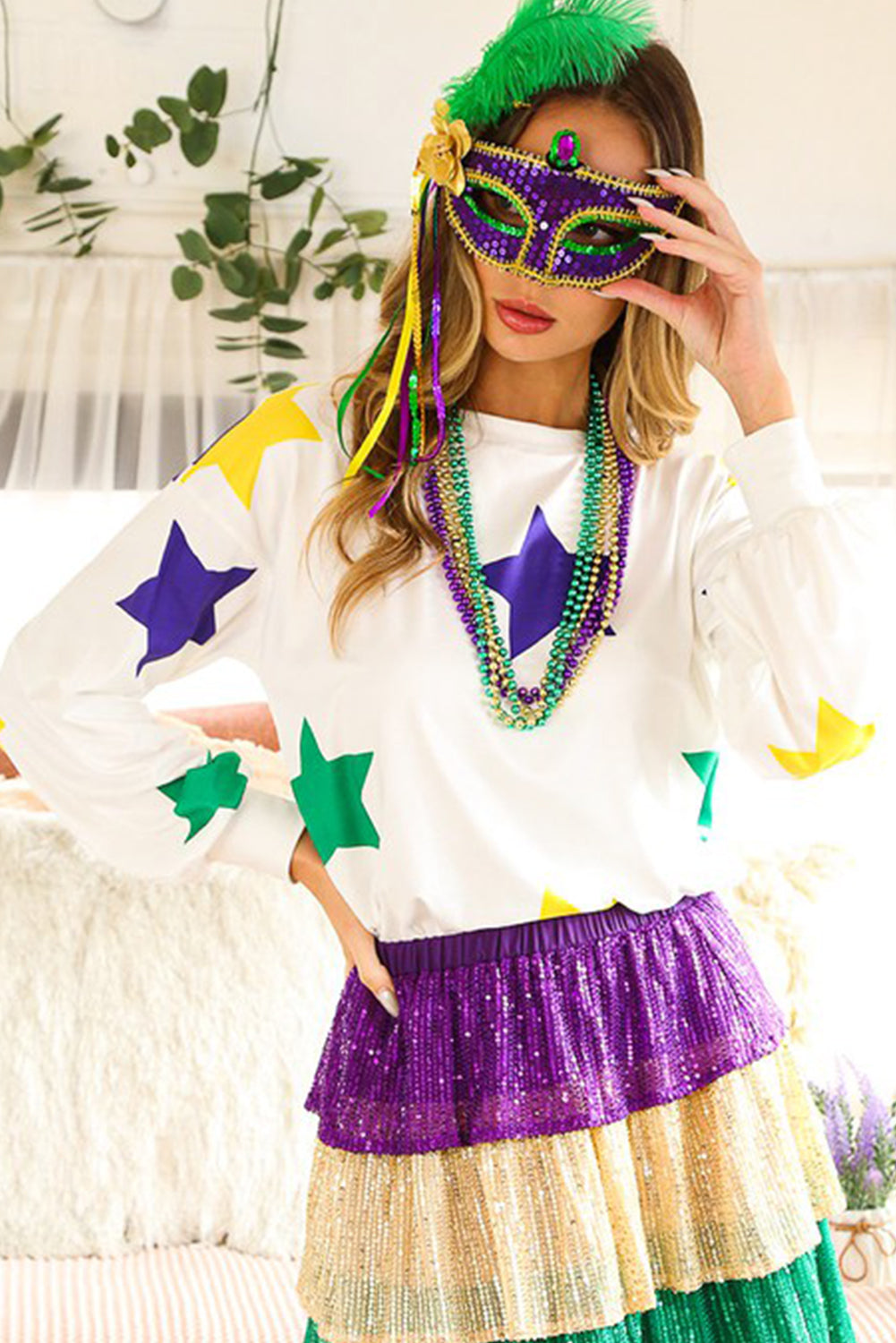 White Mardi Gras Star Printed Long Sleeve Top