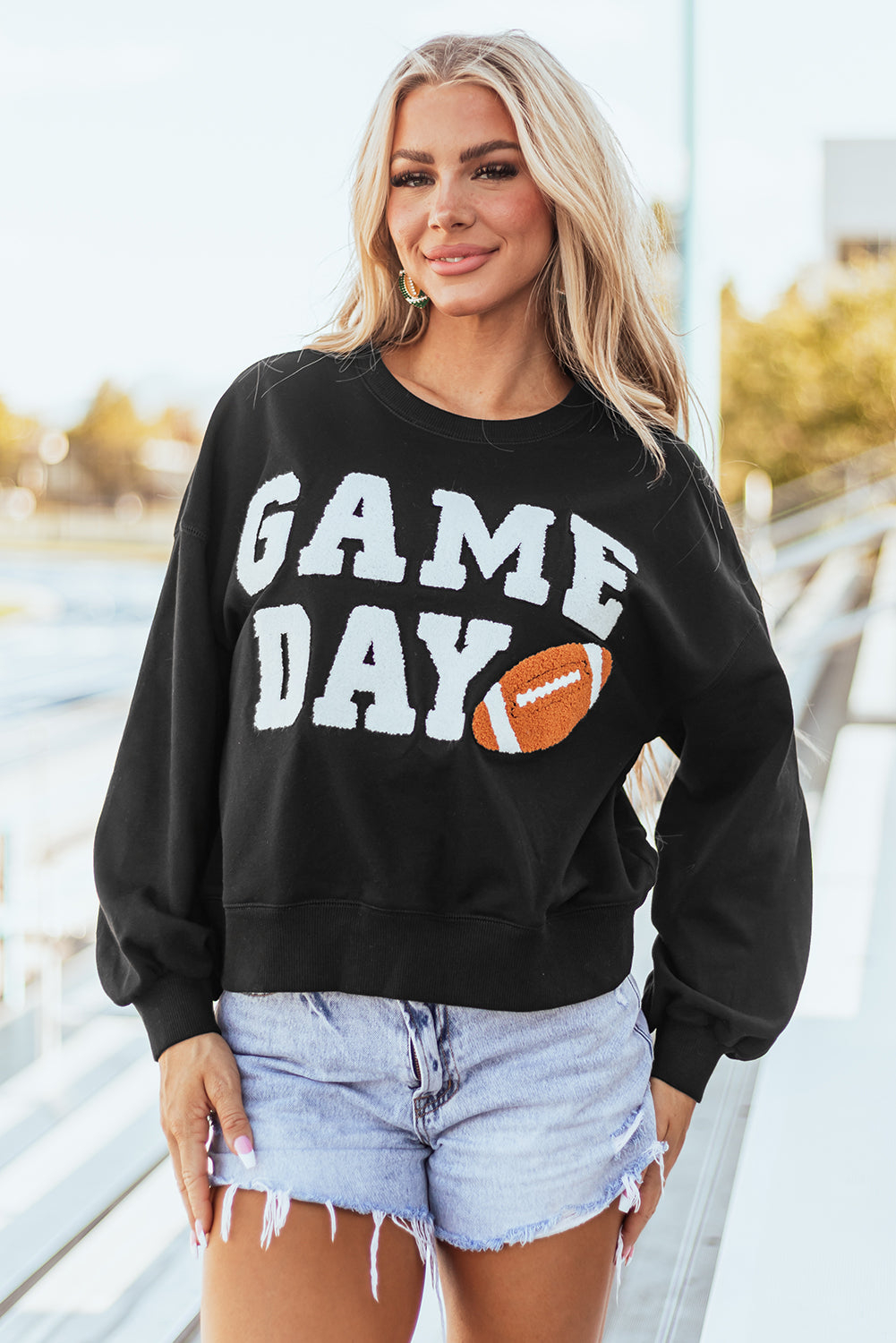 Black GAME DAY Graphic Varsity Pullover Sweatshirt