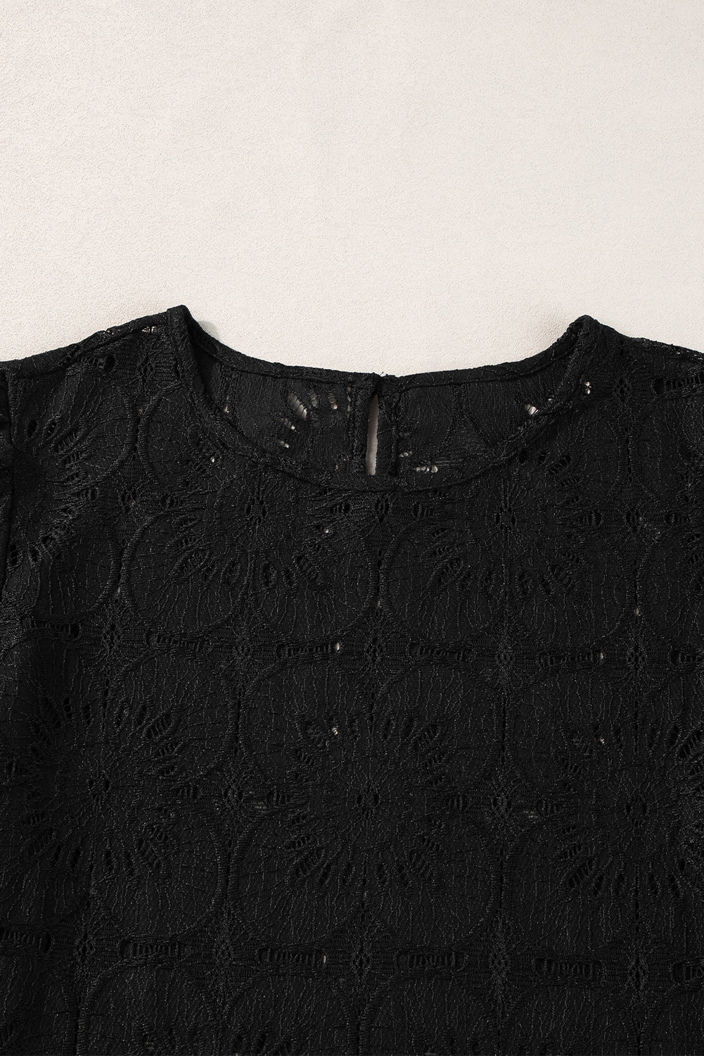 Black Flower Eyelet Jacquard Keyhole Flounce Sleeve Top