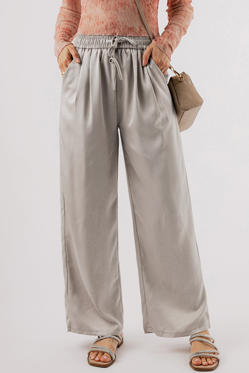 Jet Stream Solid Pleated Lace-up High Waist Wide Leg Pants