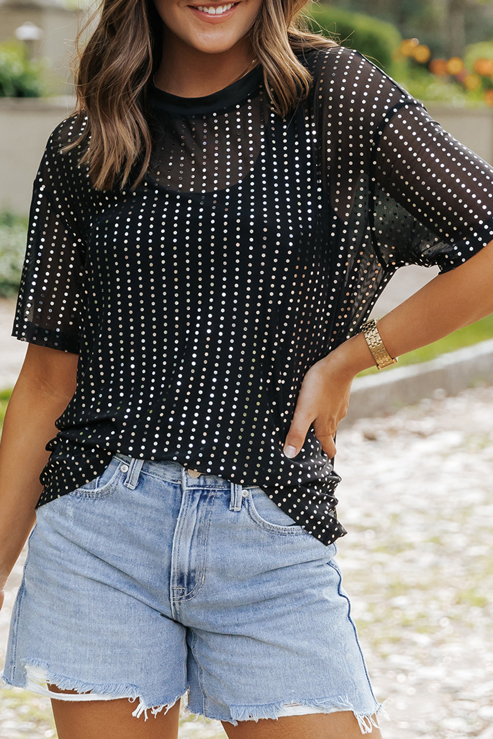 Black Sequin Drop Shoulder Sheer T-shirt