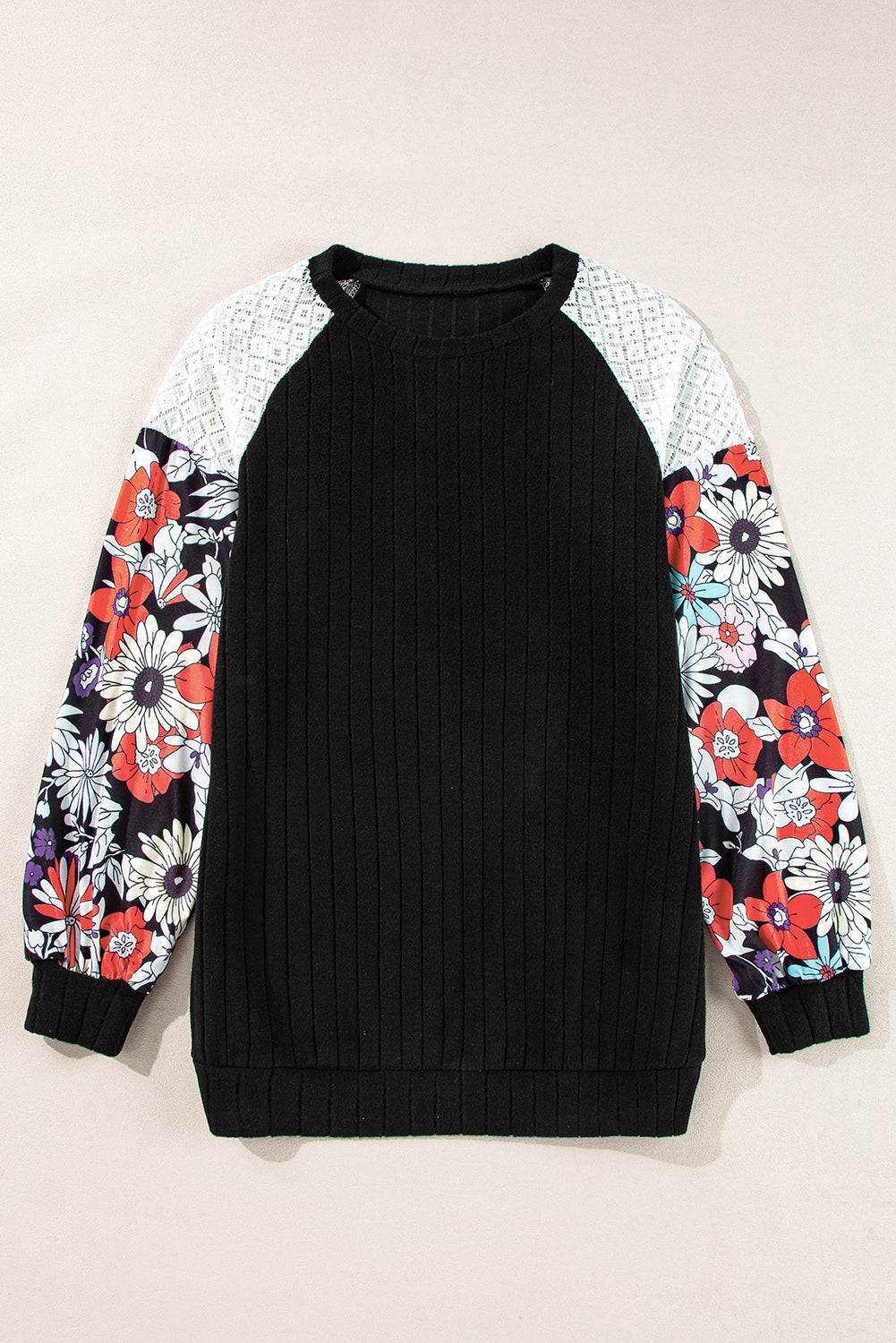 Black Floral Patchwork Long Sleeve Ribbed Blouse