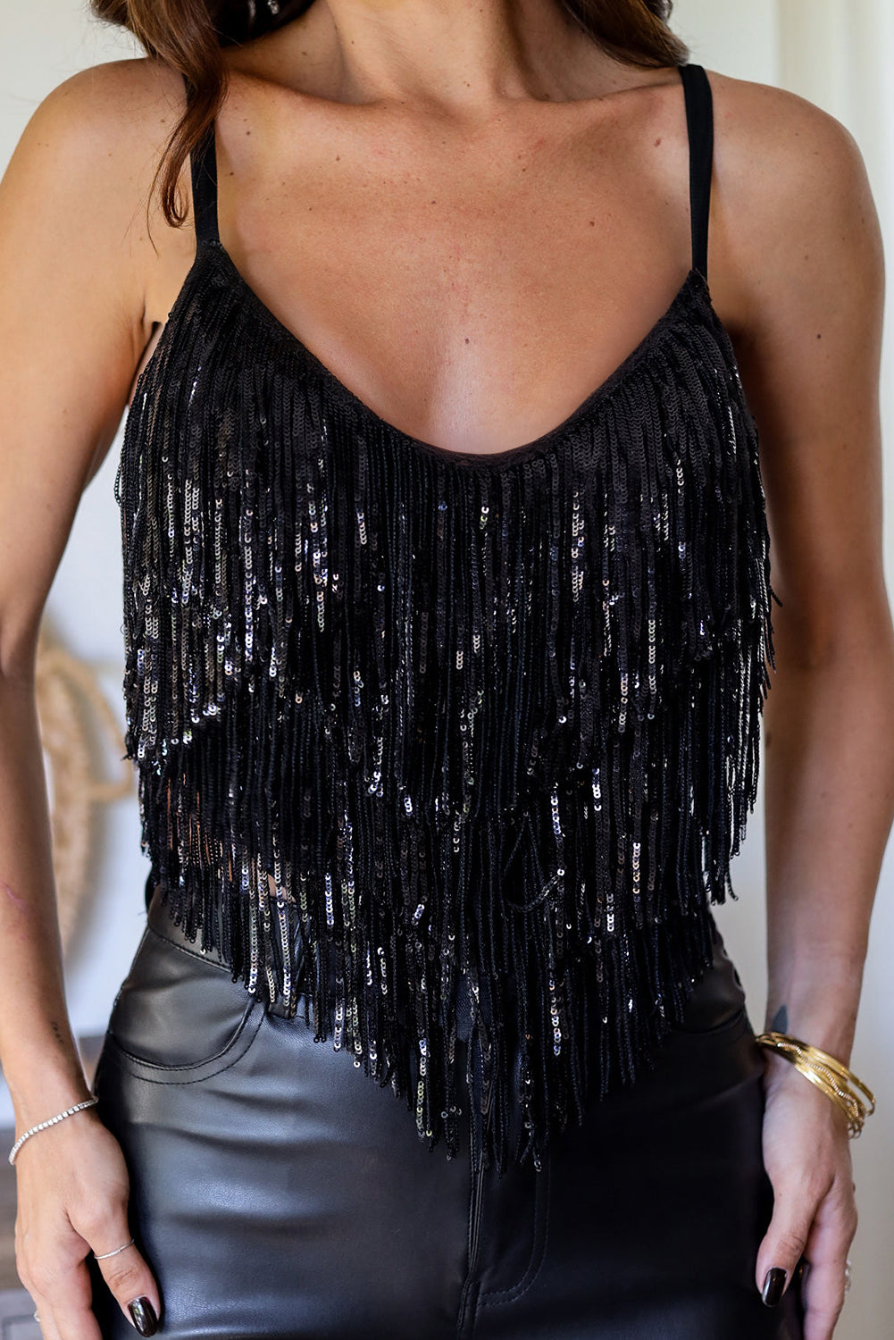 Black Sequin Tasseled Tank Crop Top