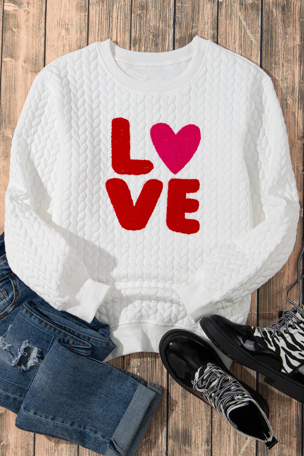 White LOVE Chenille Embroidered Cable Knit Pullover Sweatshirt