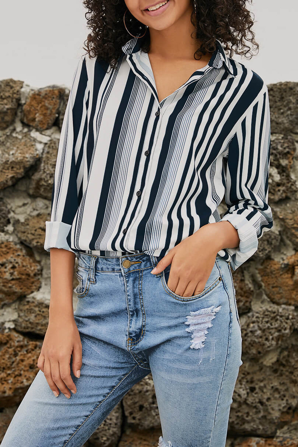 White Navy Striped Modern Women Shirt