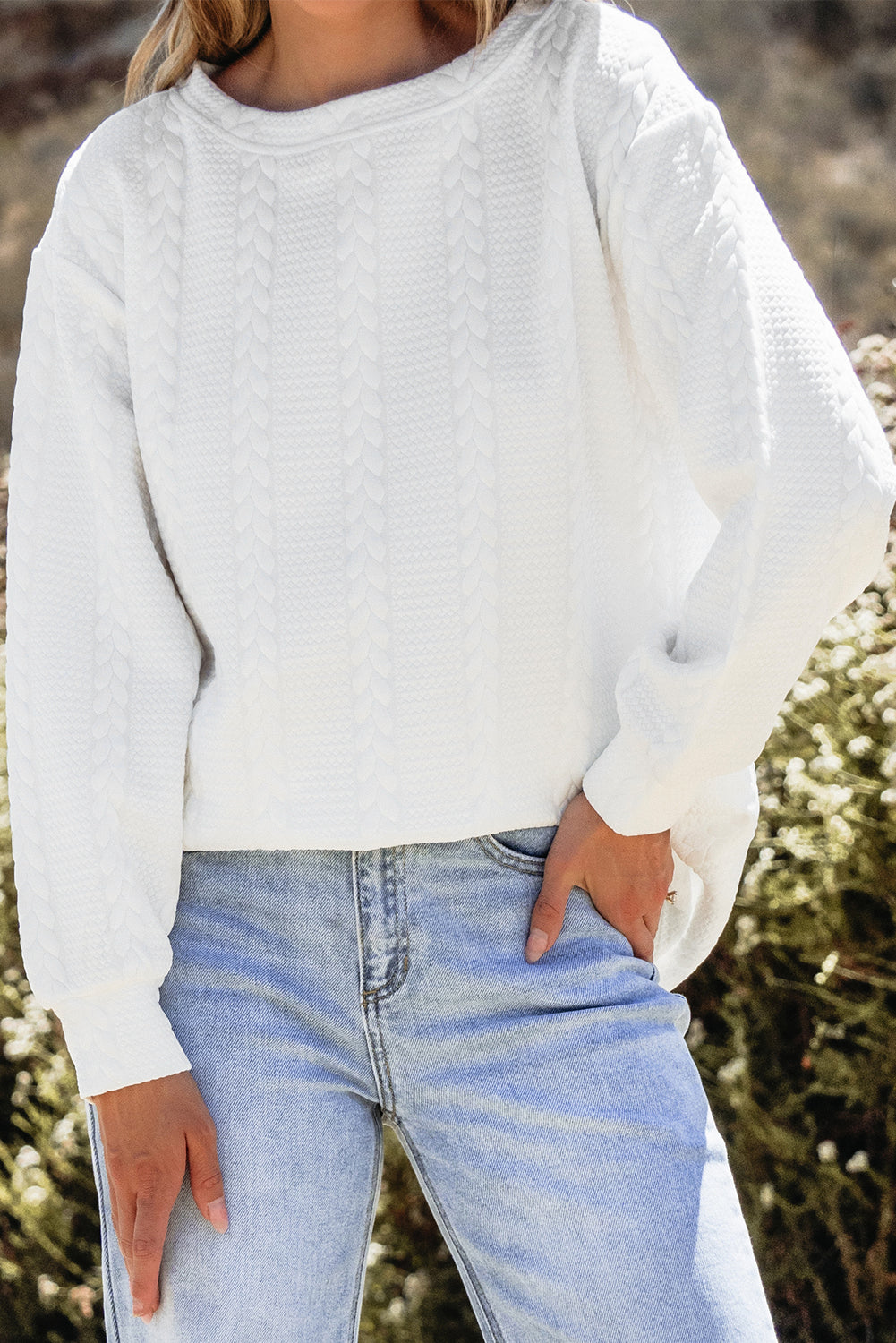 White Cable Textured Long Sleeve Round Neck Top