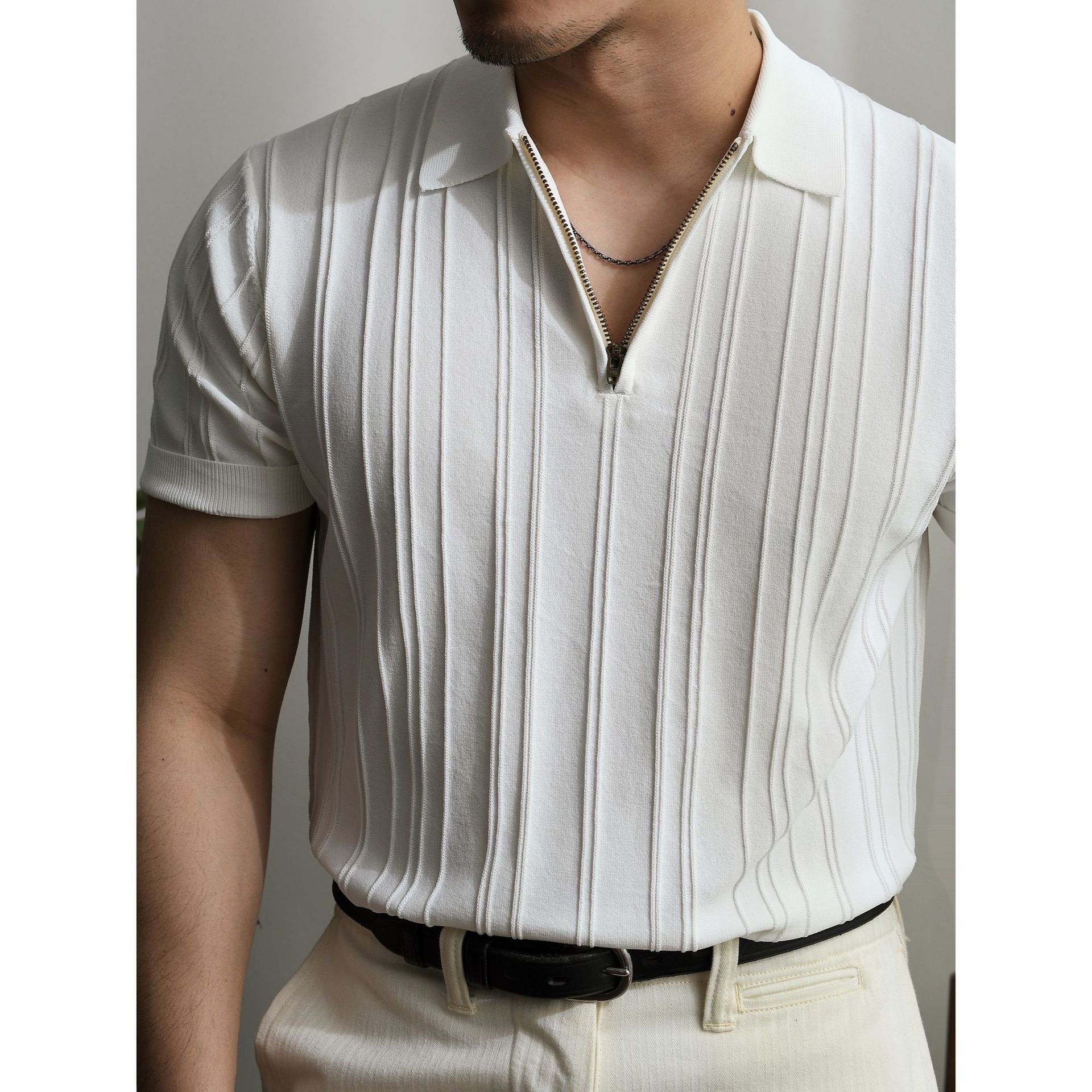 Zipper Knitted Short-sleeved Polo Shirt Men's Loose Lapels T-shirt