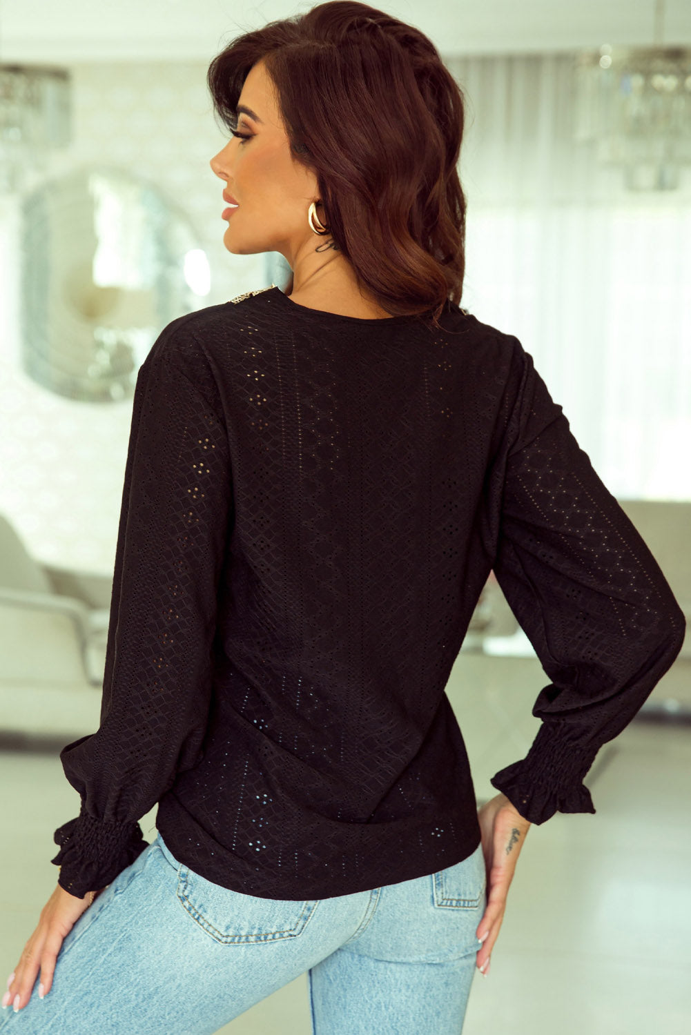 Black Lace Panel V Neck Ruffle Long Sleeve Eyelet Blouse