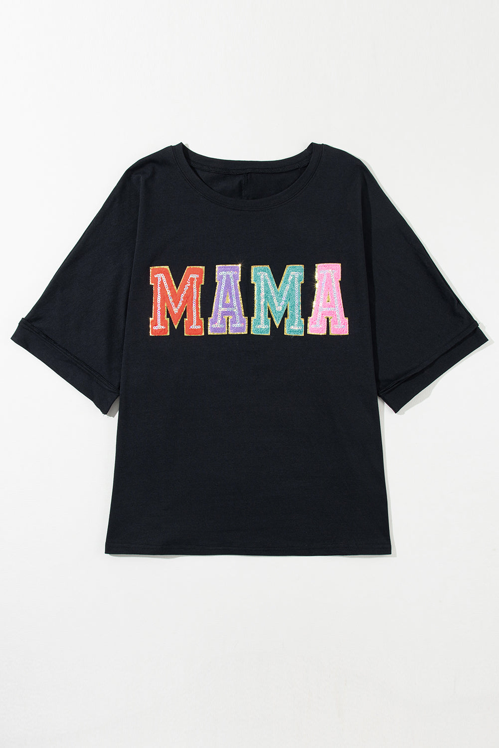 Black MAMA Chenille Patched Crew Neck T Shirt