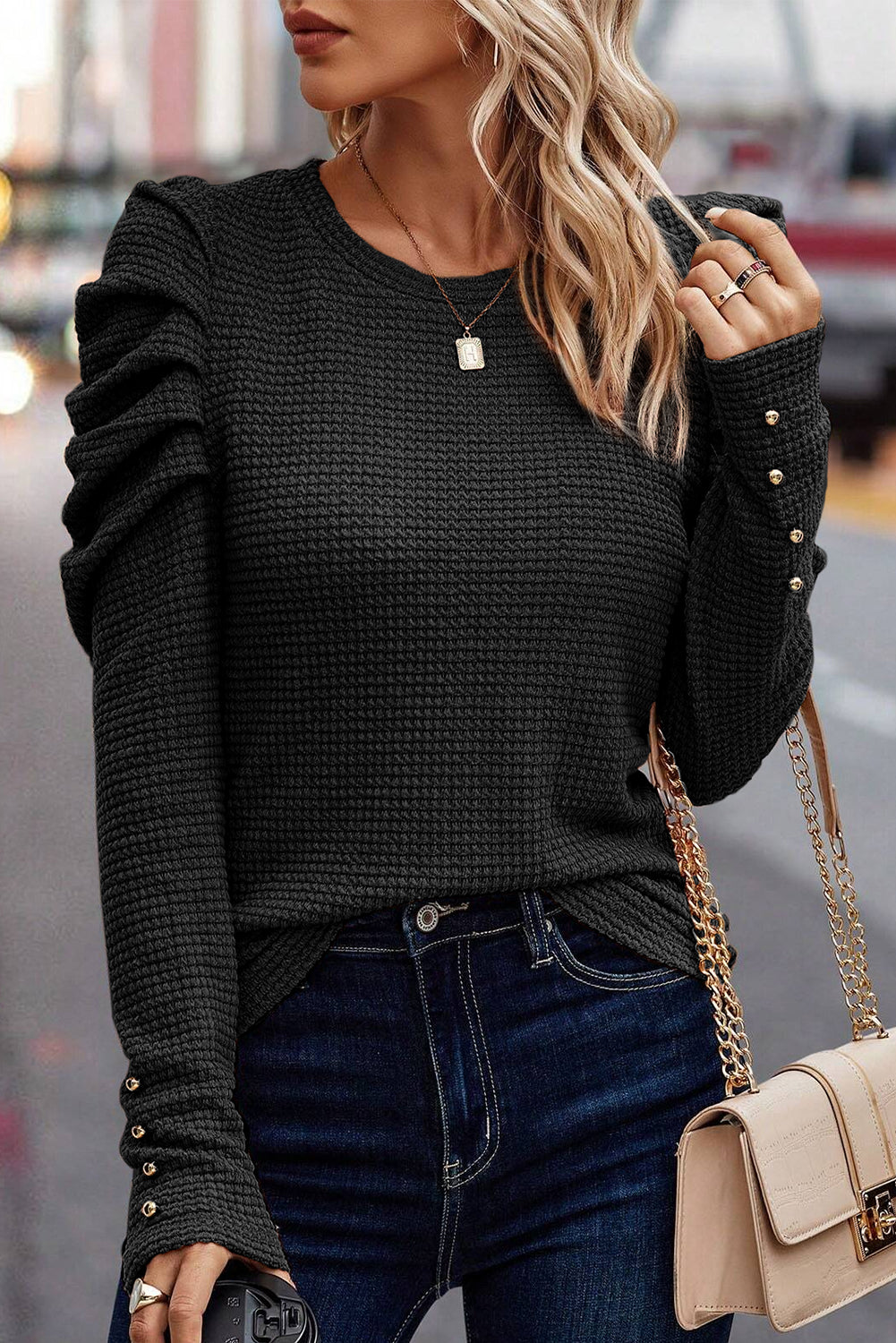 Black Solid Color Textured Buttoned Gigot Sleeve Top