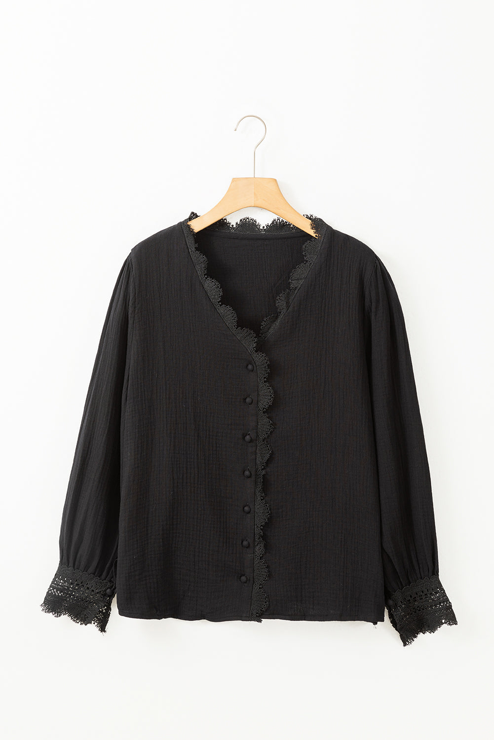 Black Lace Crochet Trim Deep V Neck Textured Blouse