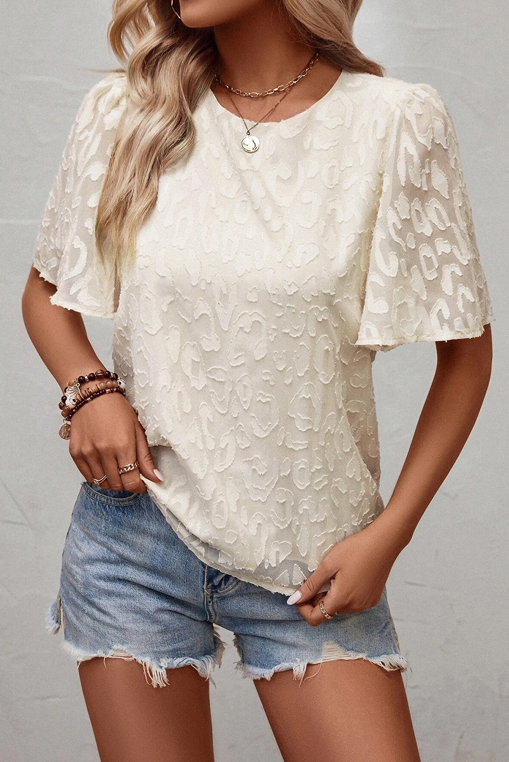 Beige Elegant Jacquard Butterfly Sleeve Blouse