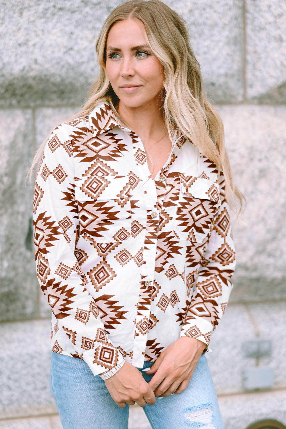 White Western Aztec Pattern Button Flap Pocket Shirt