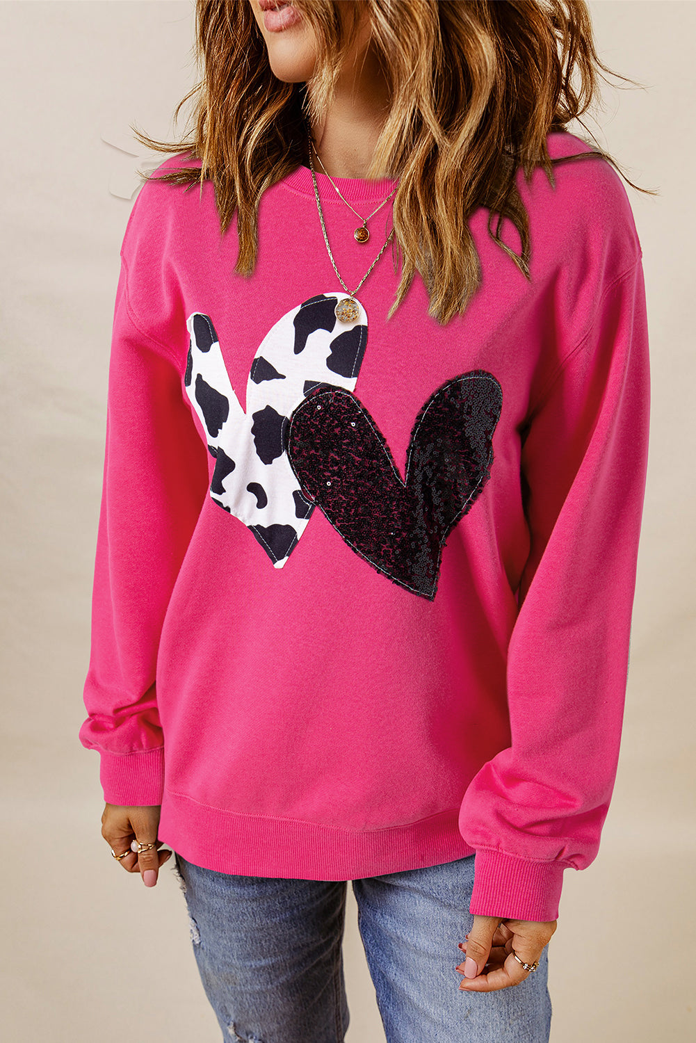 Strawberry Pink Cow & Sequin Double Heart Patch Graphic Sweatshirt