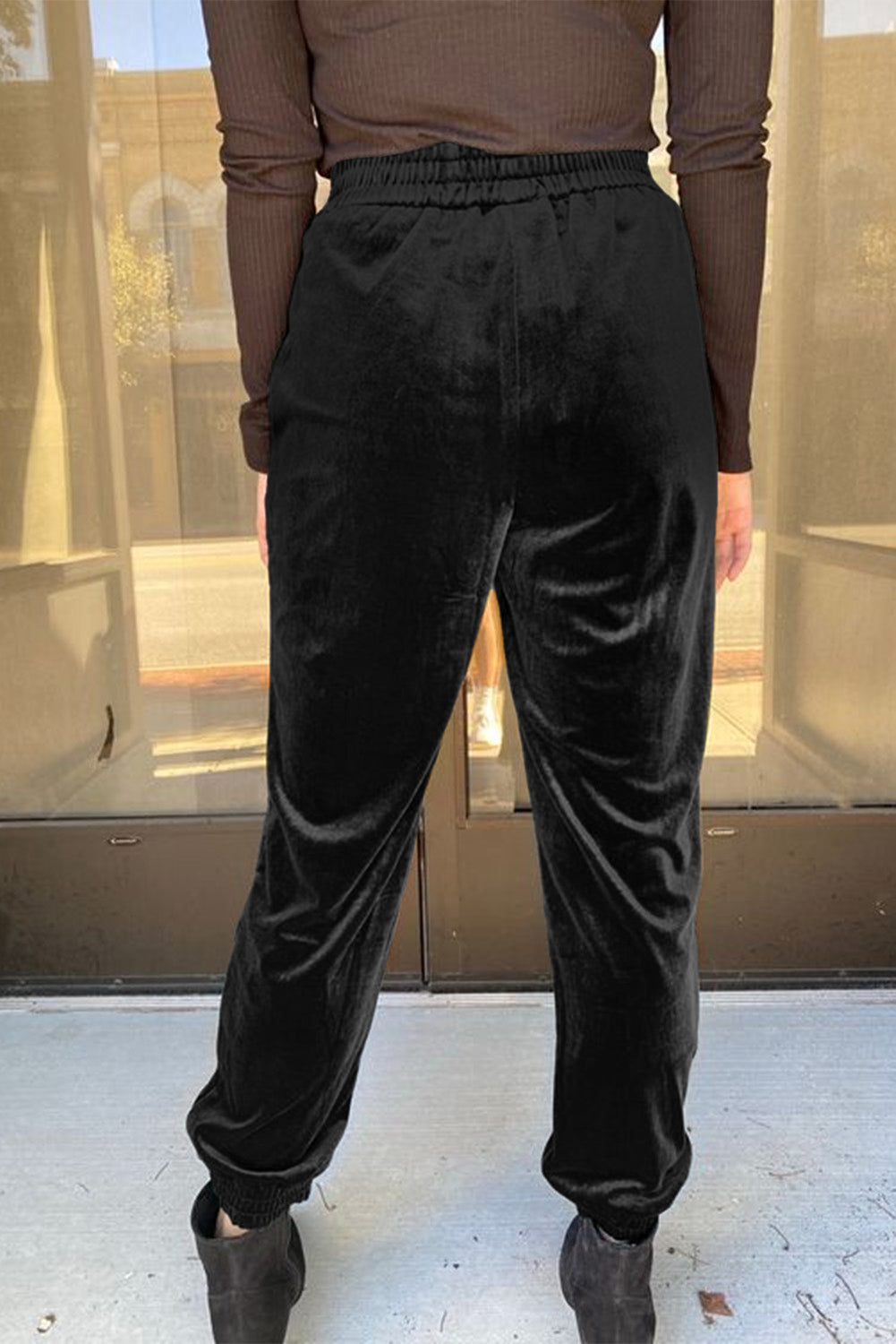 Black Solid Velvet Jogger Pants