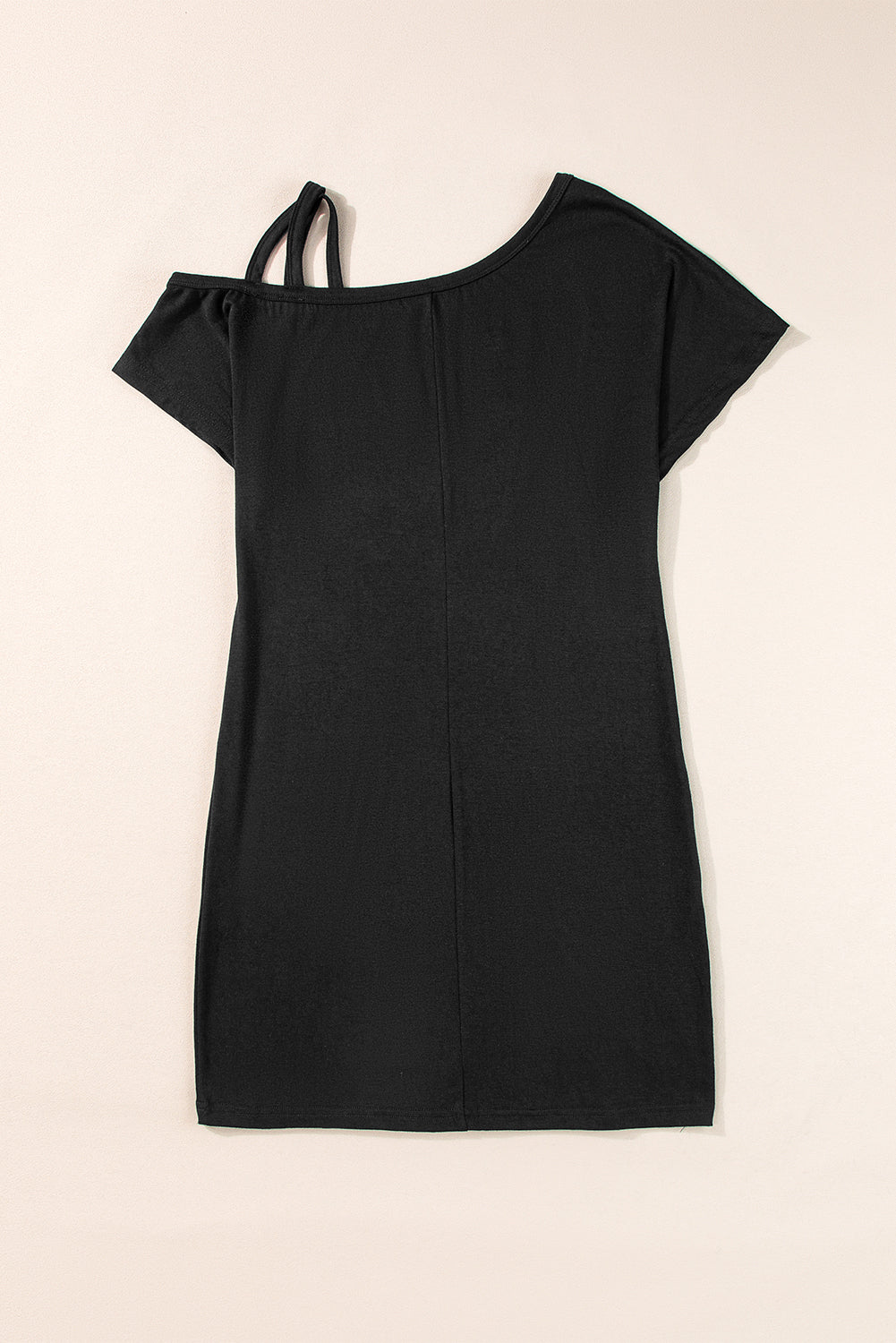 Black Asymmetric Shoulder Short Sleeve Mini Dress