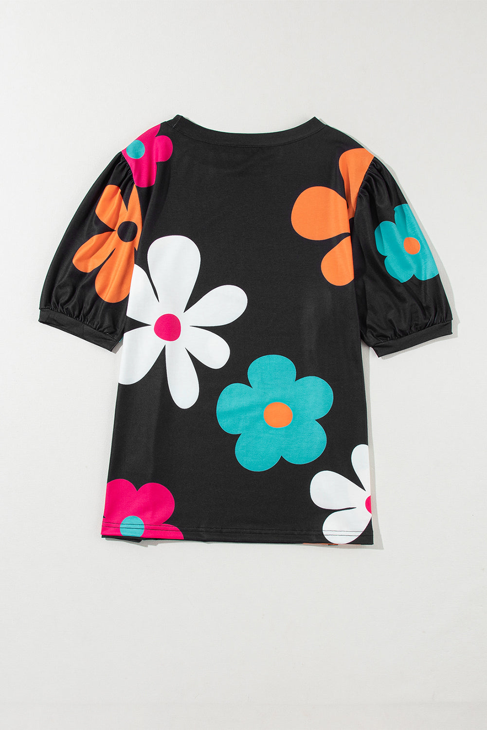 Black Flower Print Bubble Sleeve Tee