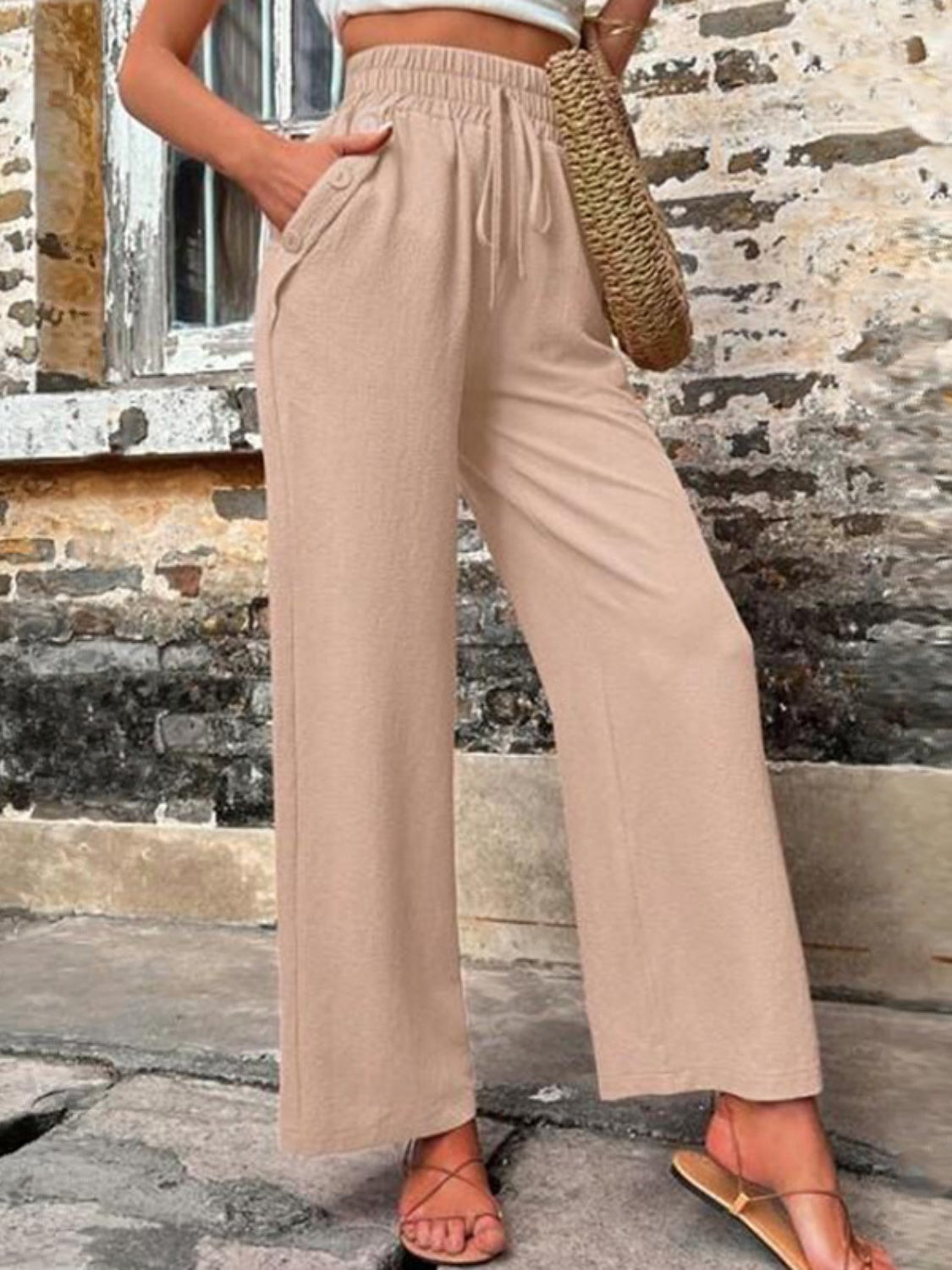 Tied High Waist Wide Leg Pants with Pockets