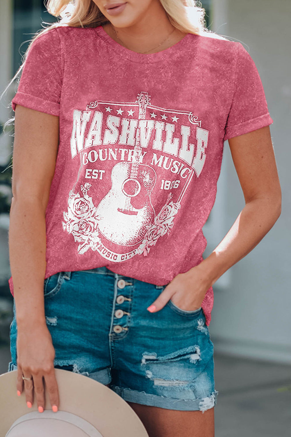 Fiery Red Nashville Music City Graphic Mineral Washed Tee