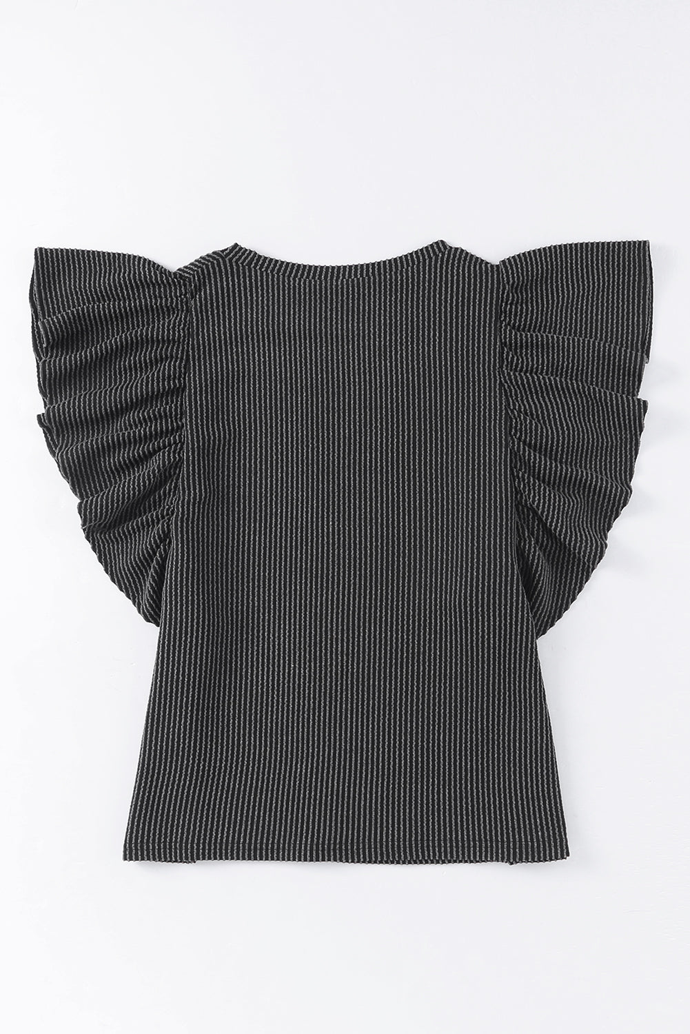 Black Ribbed Knit Ruffled Short Sleeve T Shirt