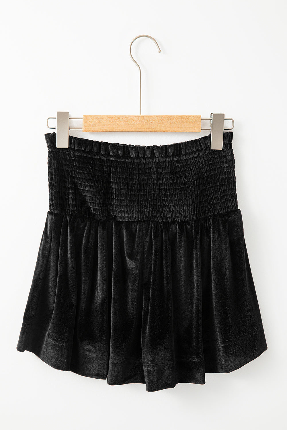 Black Smocked High Waist Velvet Shorts