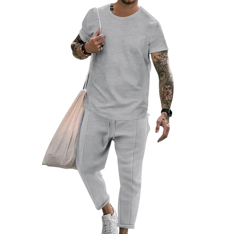 Round Neck Short Sleeve T-shirt Casual Fashion Men's Trousers Suit